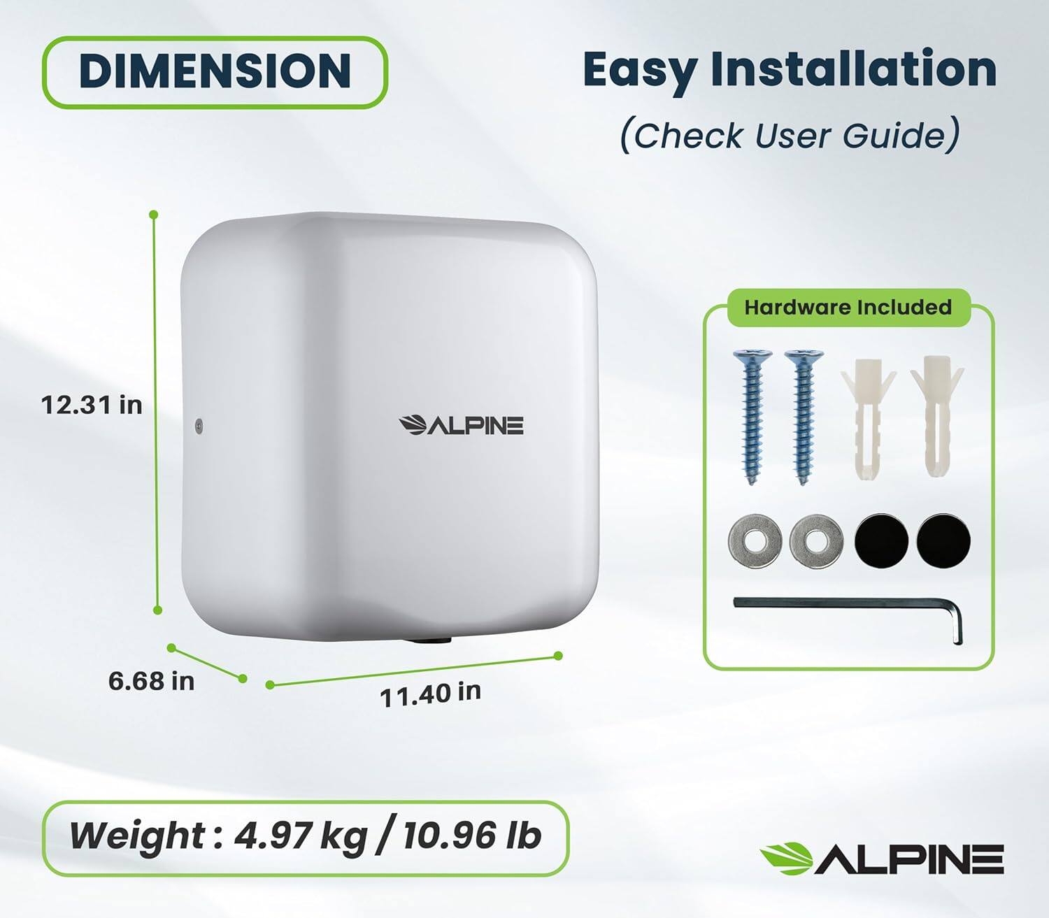 DIMENSION, Easy Installation (Check User Guide), Hardware Included, 12.31 in, 6.68 in, 11.40 in, Weight: 4.97 kg / 10.96 lb, ALPINE, ALPINE