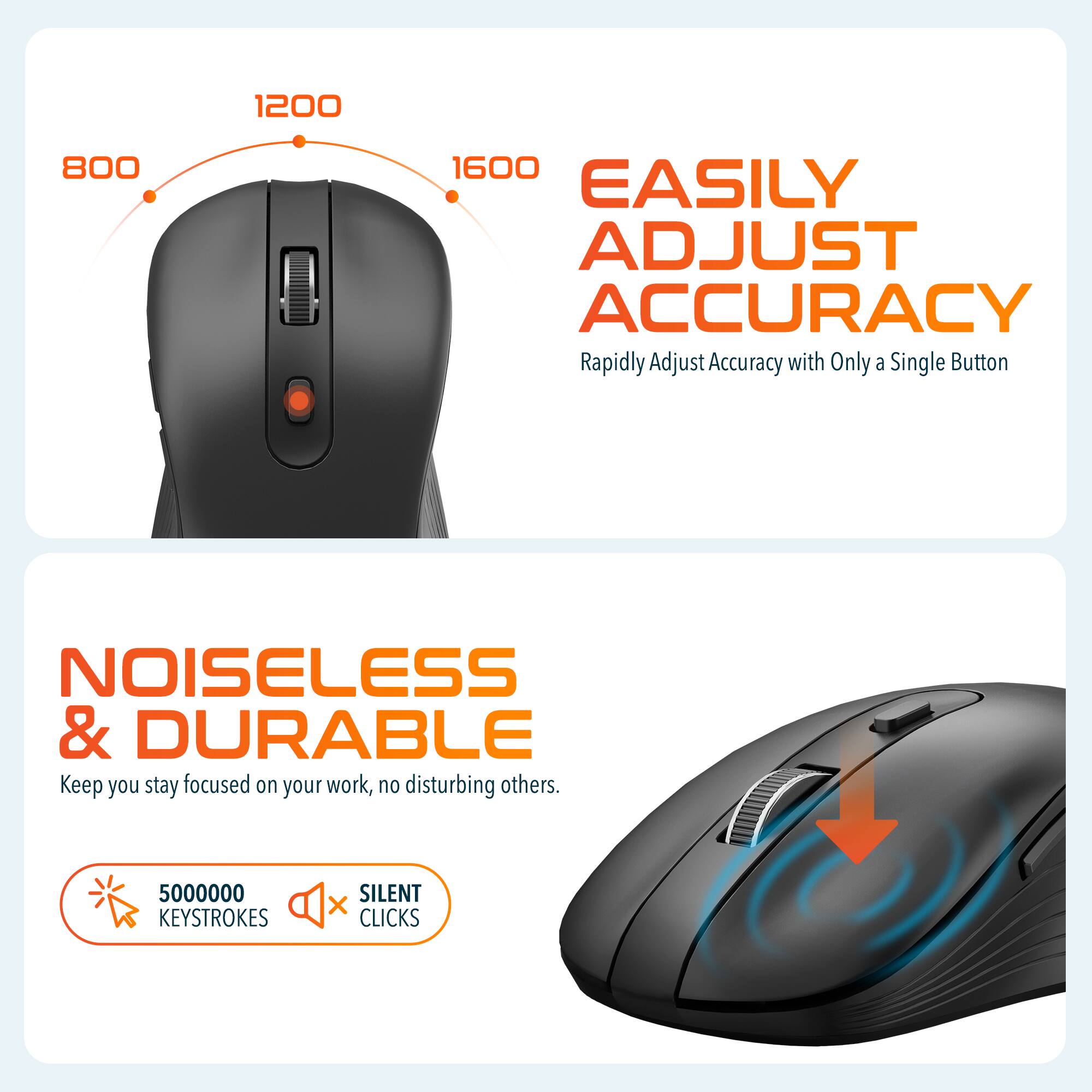 1200 800 1600 EASILY ADJUST ACCURACY Rapidly Adjust Accuracy with Only a Single Button NOISELESS & DURABLE Keep you stay focused on your work, no disturbing others. 5000000 KEYSTROKES SILENT X CLICKS