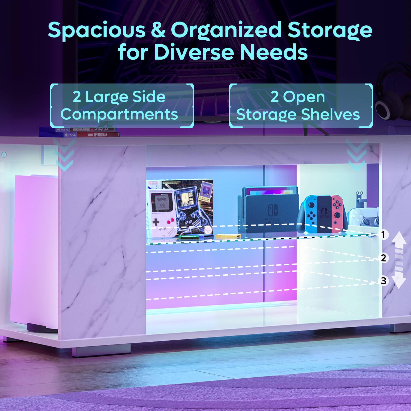 Spacious & Organized Storage for Diverse Needs: 2 Large Side Compartments & 2 Open Storage Shelves