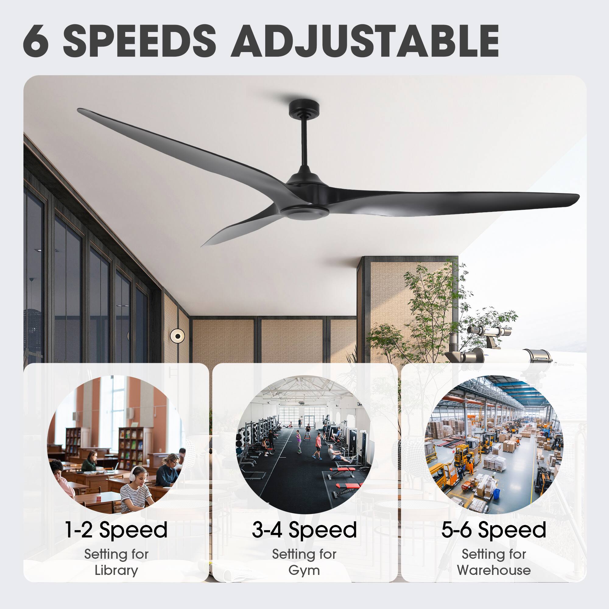 6 SPEEDS ADJUSTABLE

1-2 Speed Setting for Library

3-4 Speed Setting for Gym

5-6 Speed Setting for Warehouse