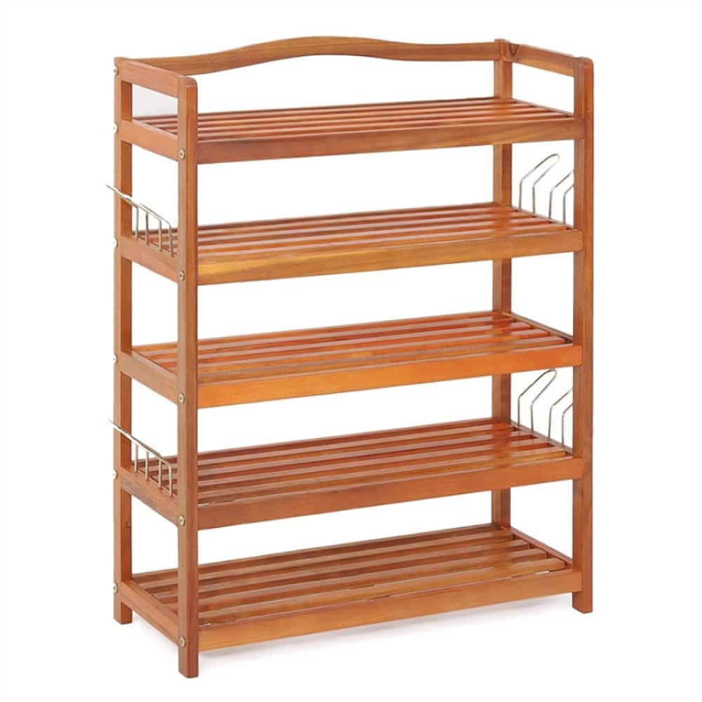 Kadyn - 5-Tier Acacia Wood Shoe Rack with Side Metal Hooks, Space-Saving Shoe Rack Organizer for Closet Entryway - Brown