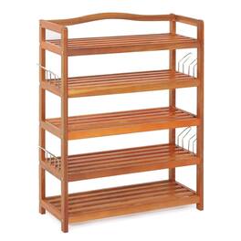 Kadyn - 5-Tier Acacia Wood Shoe Rack with Side Metal Hooks, Space-Saving Shoe Rack Organizer for Closet Entryway - Brown