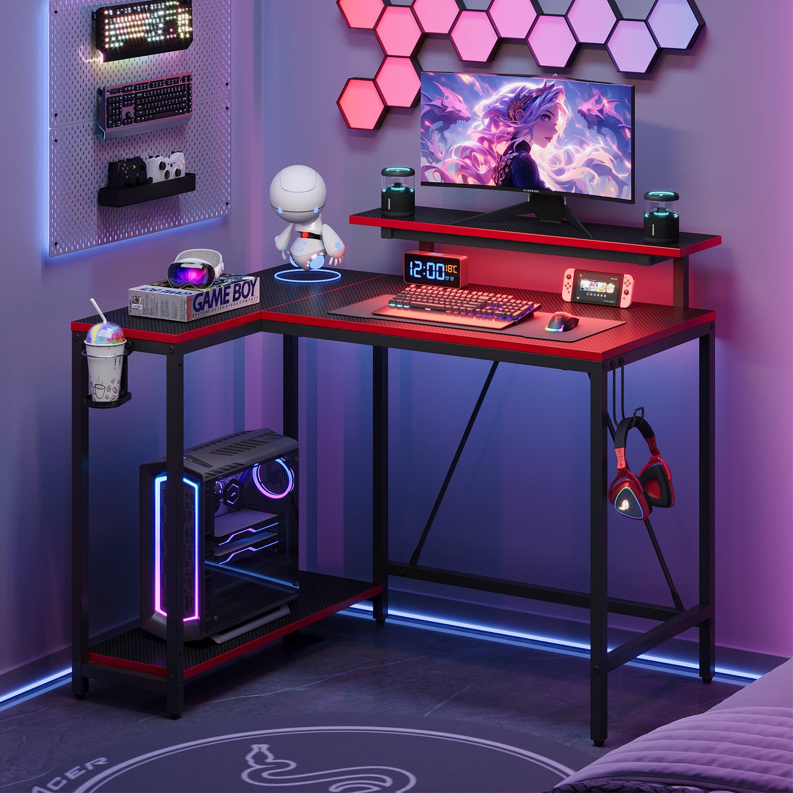 Pinmoco - 42" Reversible L-Shaped LED Gaming Desk - Carbon Fiber with Monitor Stand & Headset Hooks - Black