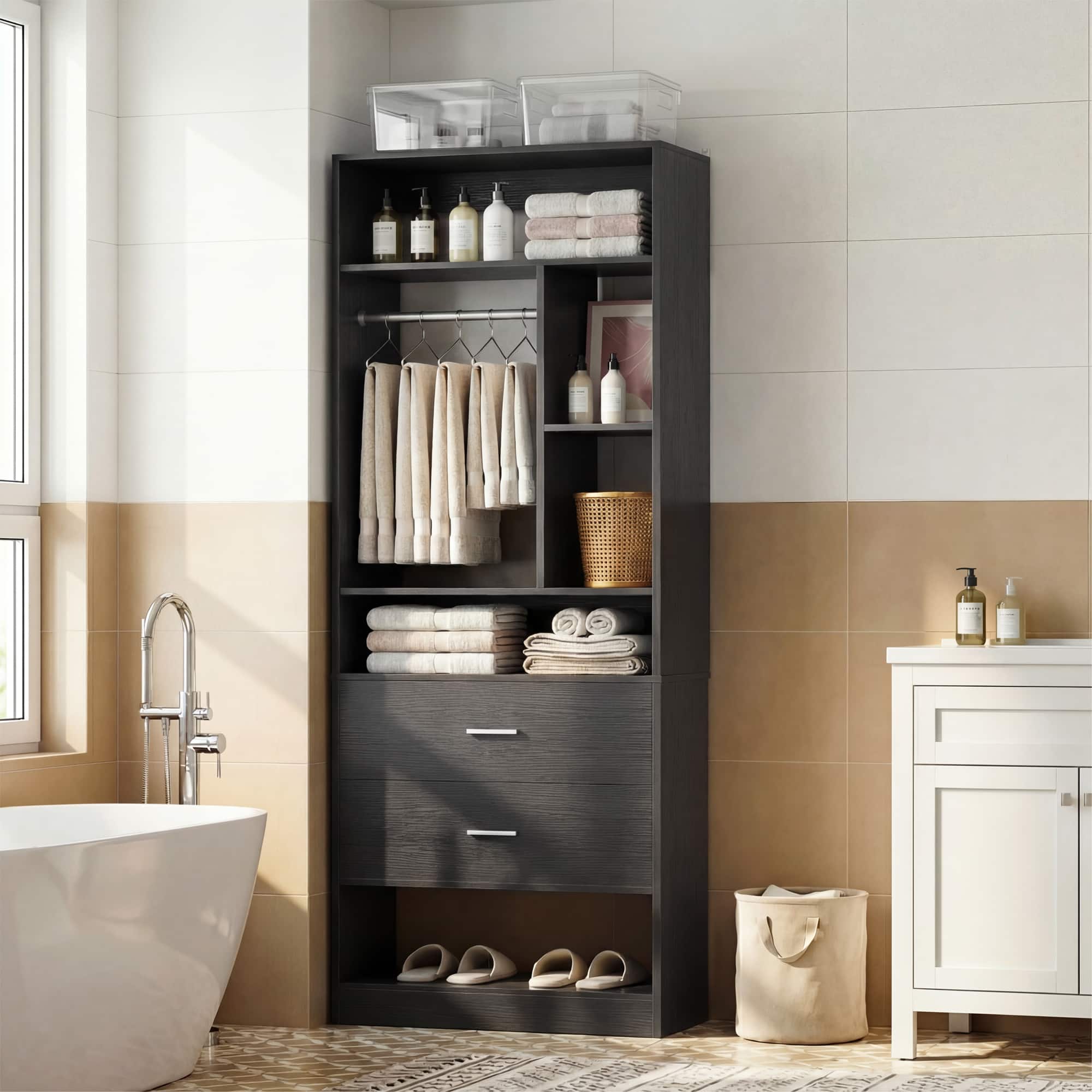 Aheaplus - Freestanding 24" Closet System with 2 Wood Drawers, 6 Shelves & Hanging Rod - Small Walk-in Organizer - Black