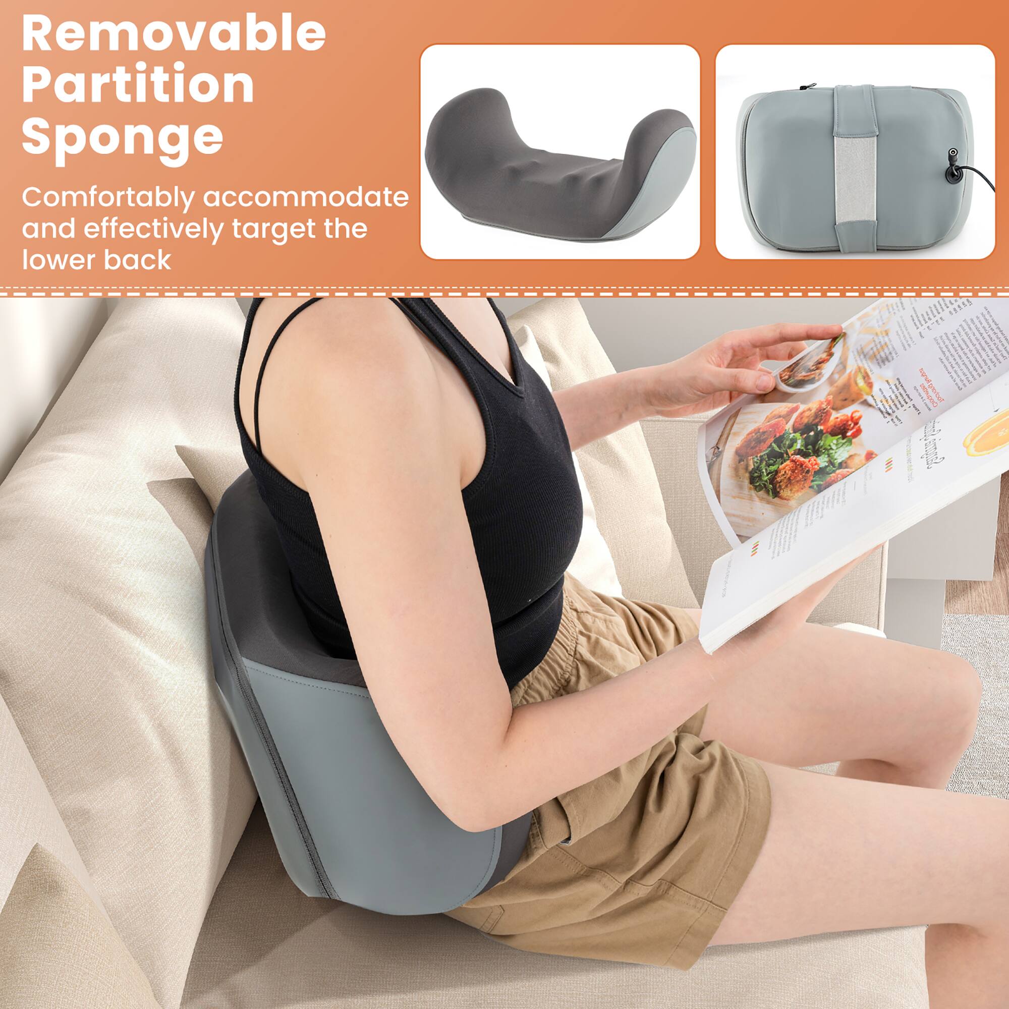 Removable Partition Sponge  
Comfortably accommodate and effectively target the lower back
