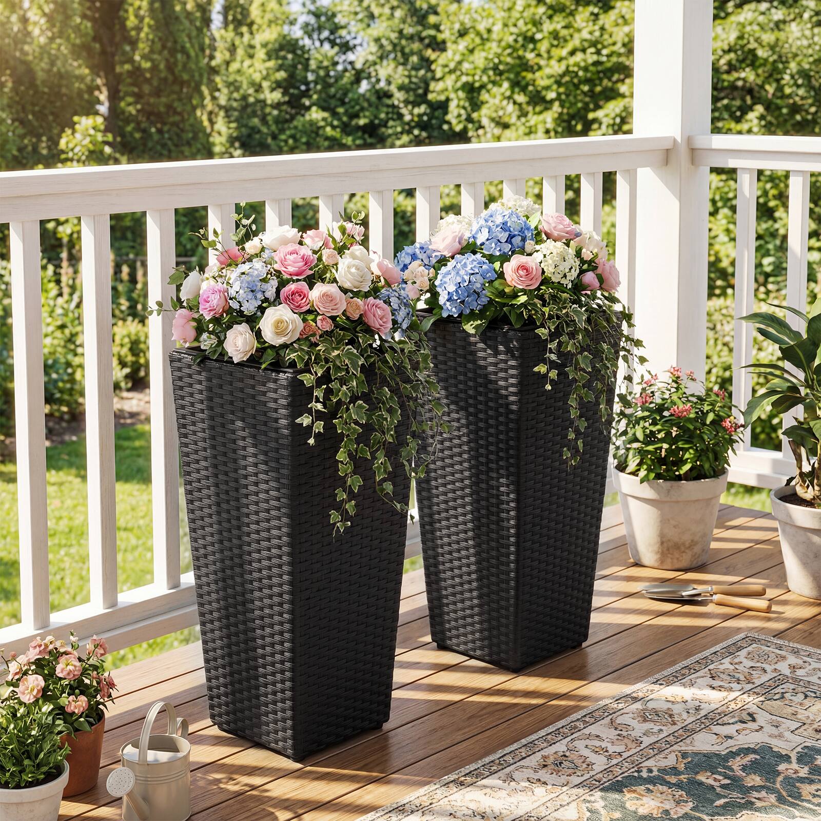 Alt View 1. Gymax - Gymax 2PCS Rattan Tall Plant Pots w/Detachable Plastic Liners Pre-Marked Drainage Hole - Black.
