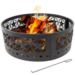 Sunnydaze - 36 in Four-Star Cut-Out Wood Burning Fire Pit Ring with Poker - Black