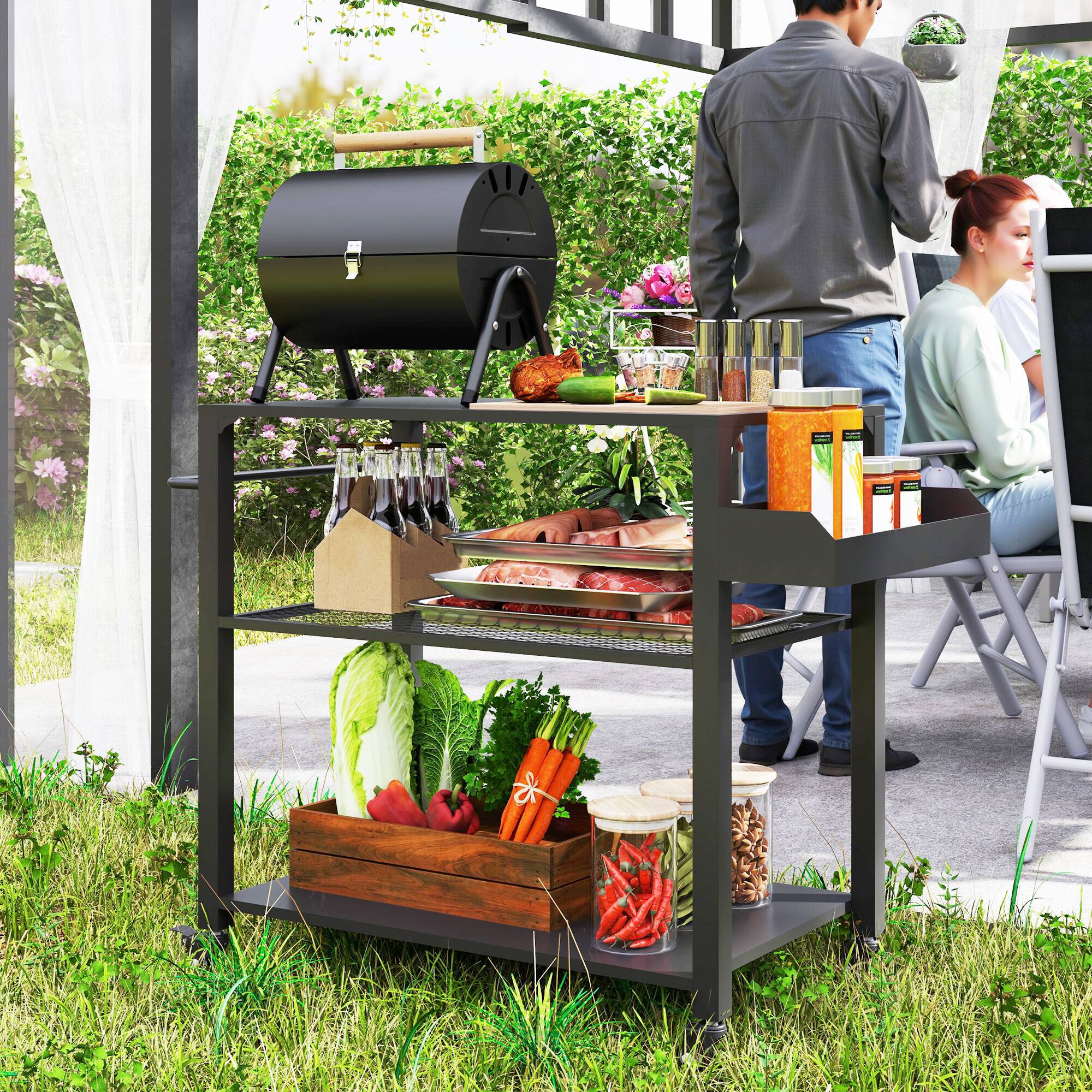 Alt View 1. Outsunny - Three-Shelf Outdoor Grill Cart, 31.5" x 19.7" Multifunctional Pizza Oven Stand with Storage Rack and Side Handle - Black.