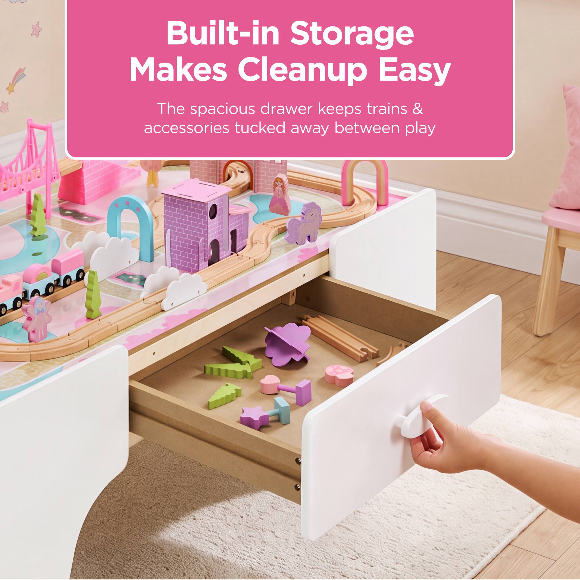Built-in Storage Makes Cleanup Easy  
The spacious drawer keeps trains & accessories tucked away between play