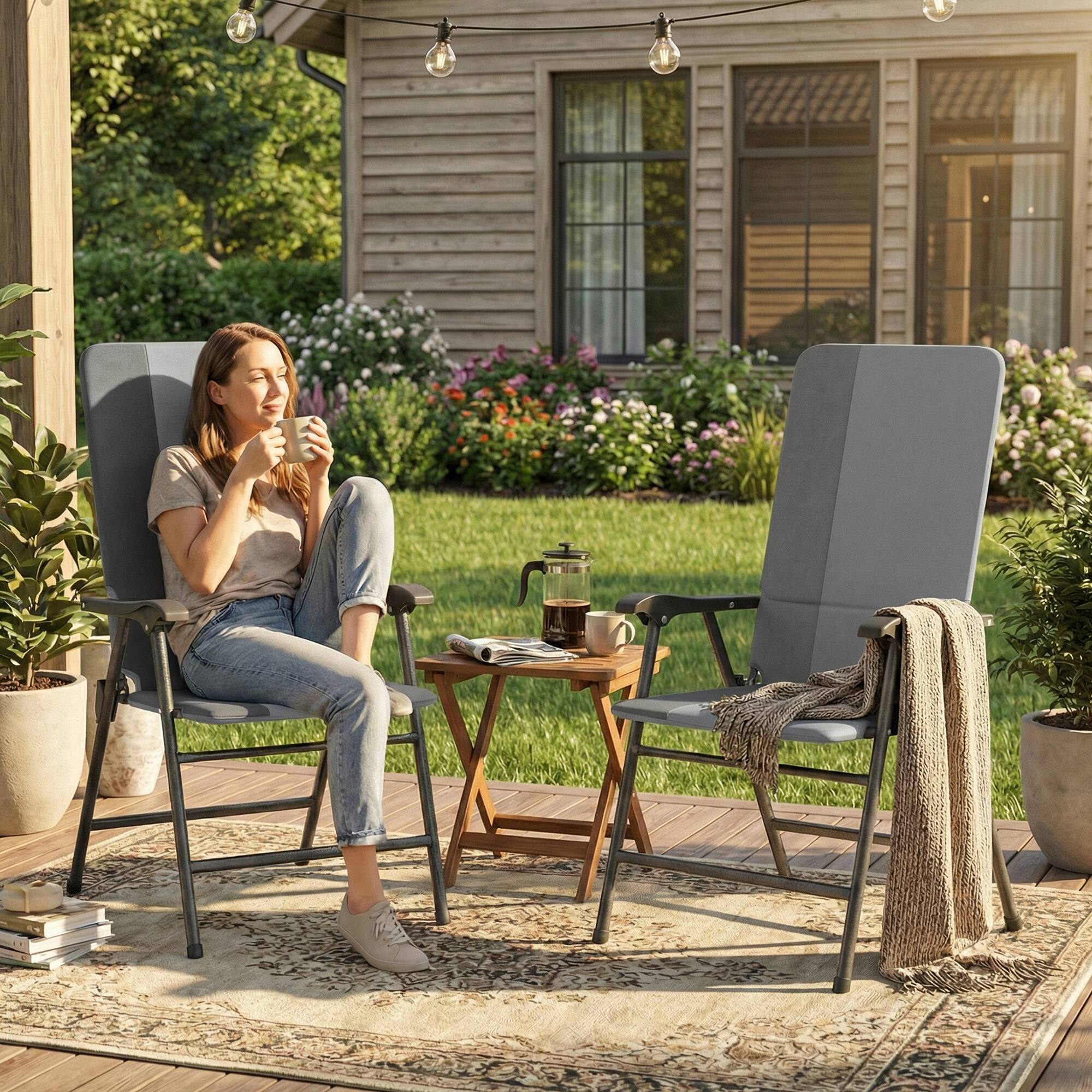 Alt View 8. Outsunny - Patio Chairs Set of 2, Padded High Back Lawn Camping Chairs with Armrests, 600D Oxford Fabric - Light Gray.