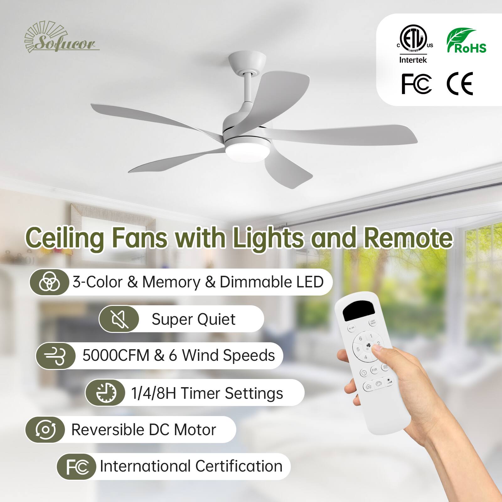 Sofucor Ceiling Fans with Lights and Remote  
3-Color & Memory & Dimmable LED  
Super Quiet  
5000CFM & 6 Wind Speeds  
1/4/8H Timer Settings  
Reversible DC Motor  
FC International Certification  

Certifications:  
ETL, RoHS, Intertek, FC, CE