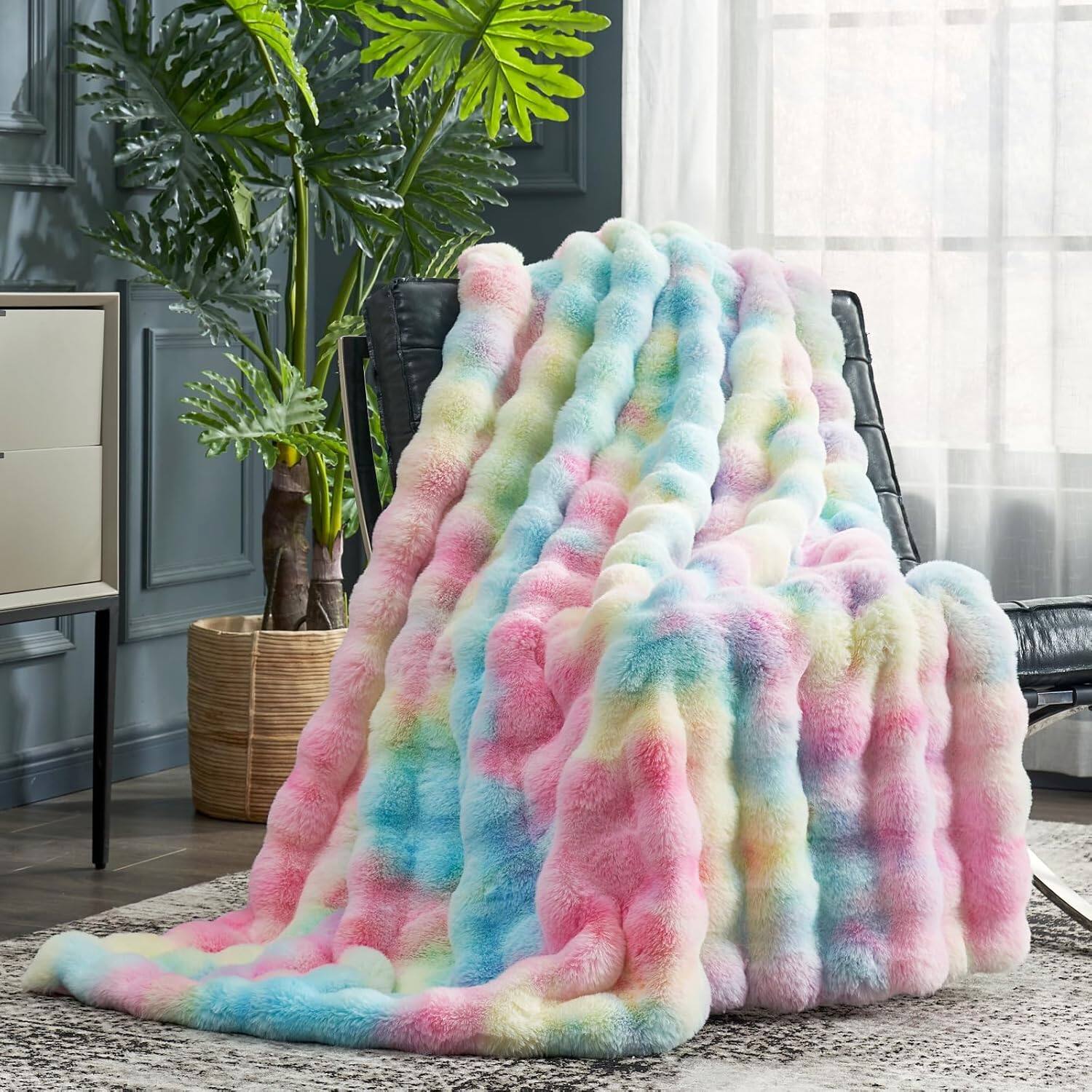 Front. blue - Paaaawaters Cozy Bliss Faux Fur Throw Blanket for Couch, Fuzzy Soft Plush Thick Bubble Blanket for Sofa Bedroom Living - color:Tie-dyeRainbow+size:Throw(50"x60").