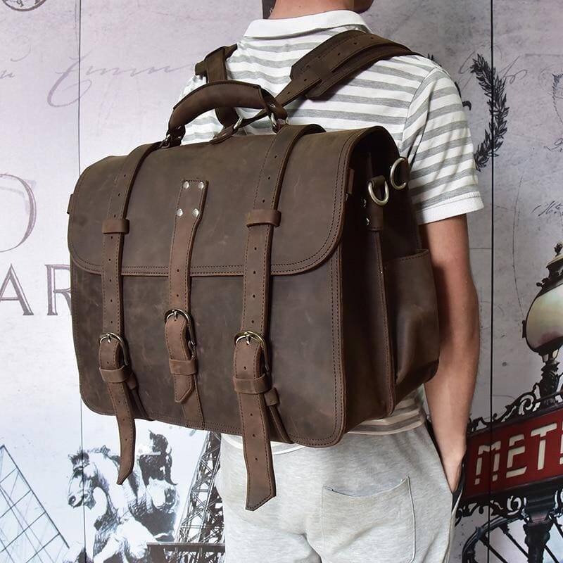 Angle. Steel Horse Leather - The Gustav | Vintage Leather Messenger - Dark brown.