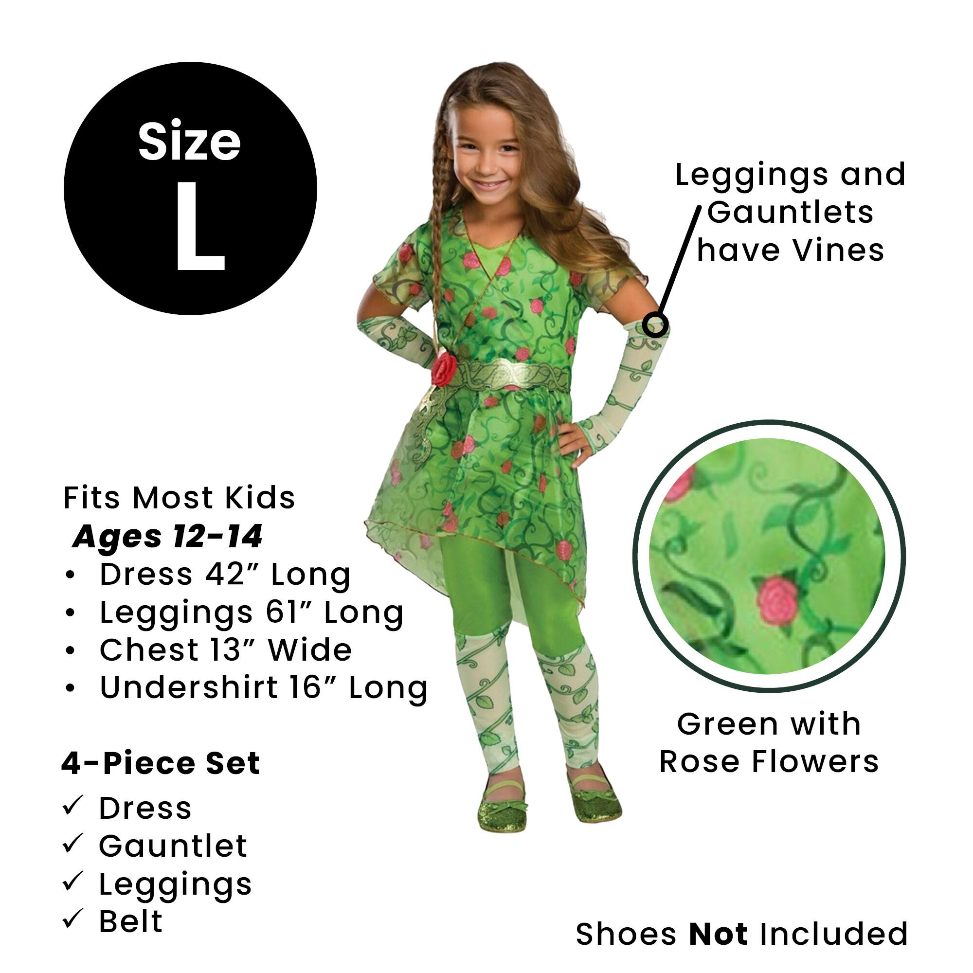Size L

Leggings and Gauntlets have Vines

Fits Most Kids Ages 12-14
- Dress 42" Long
- Leggings 61" Long
- Chest 13" Wide
- Undershirt 16" Long

4-Piece Set
- Dress
- Gauntlet
- Leggings
- Belt

Green with Rose Flowers

Shoes Not Included