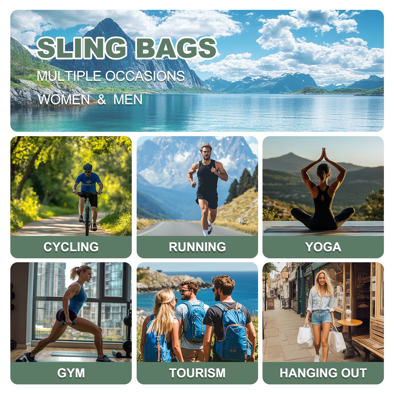 SLING BAGS  
MULTIPLE OCCASIONS  
WOMEN & MEN  

CYCLING  
RUNNING  
YOGA  
GYM  
TOURISM  
HANGING OUT