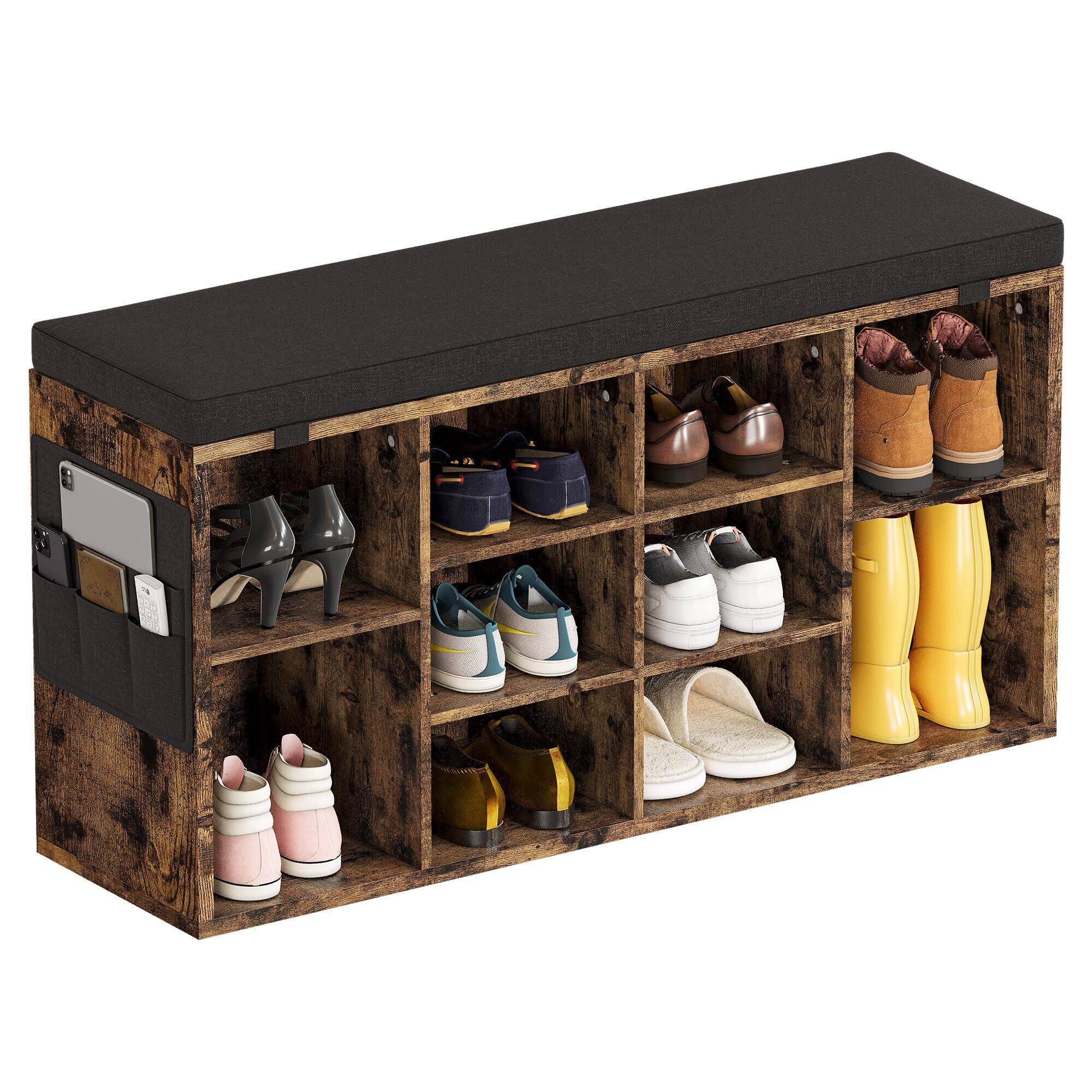 Acekool - Shoe Storage Bench with Cushion, 20" Cubby Seat Shoe Cabinet, Cubby Seat Shoe Cabinet - Brown