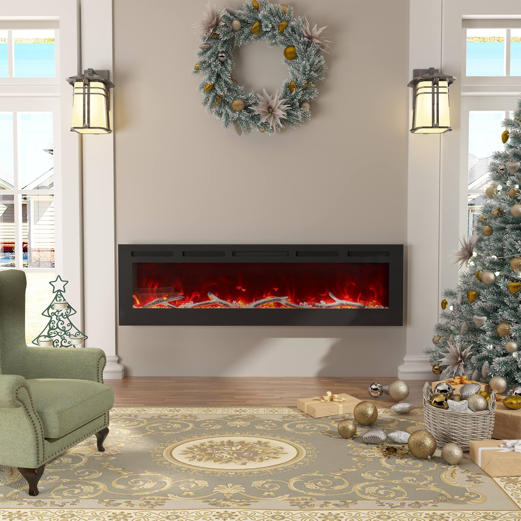 Angle. Mondawe - 72" Steel Wall-Mounted/Recessed Electric Fireplace - Black.