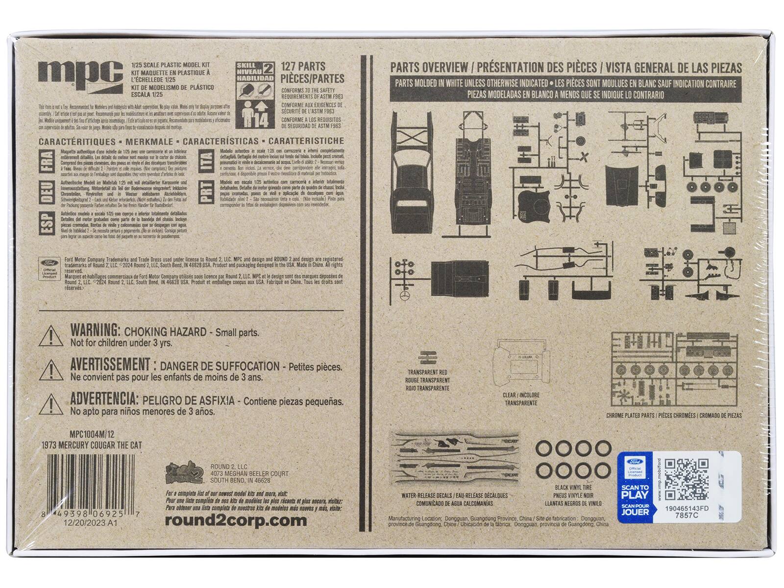Sure, here is the corrected and grouped text from the image:

---

**SCALE PLASTIC MODEL MAQUETTE PLASTIQUE mpc TCHELLEDE MODELISMO PLASTICO ESCALA - 1/25**

**127 PARTS PIECES/PARTES**

**CONFORMS TO THE SAFETY REQUIREMENTS OF ASTM F963 DE CONFORMA A LAS EXIGENCIAS DE SEGURIDAD DE ASTM F963 DE CONFORMAUX EXIGENCES DE SÉCURITÉ DE ASTM F963**

**SKILL LEVEL NIVEL DE HABILIDAD NIVEAU DE COMPÉTENCE**

**CARACTERÍSTICAS - MERKMALE - CARACTERISTIQUES - CARATTERISTICHE**

**WARNING: CHOKING HAZARD - Small parts. Not for children under 3 yrs.**

**AVERTISSEMENT: DANGER DE SUFFOCATION - Petites pièces. Ne convient pas pour les enfants de moins de 3 ans.**

**ADVERTENCIA: PELIGRO DE ASFIXIA - Contiene pequeñas piezas. No apto para niños menores de 3 años.**


