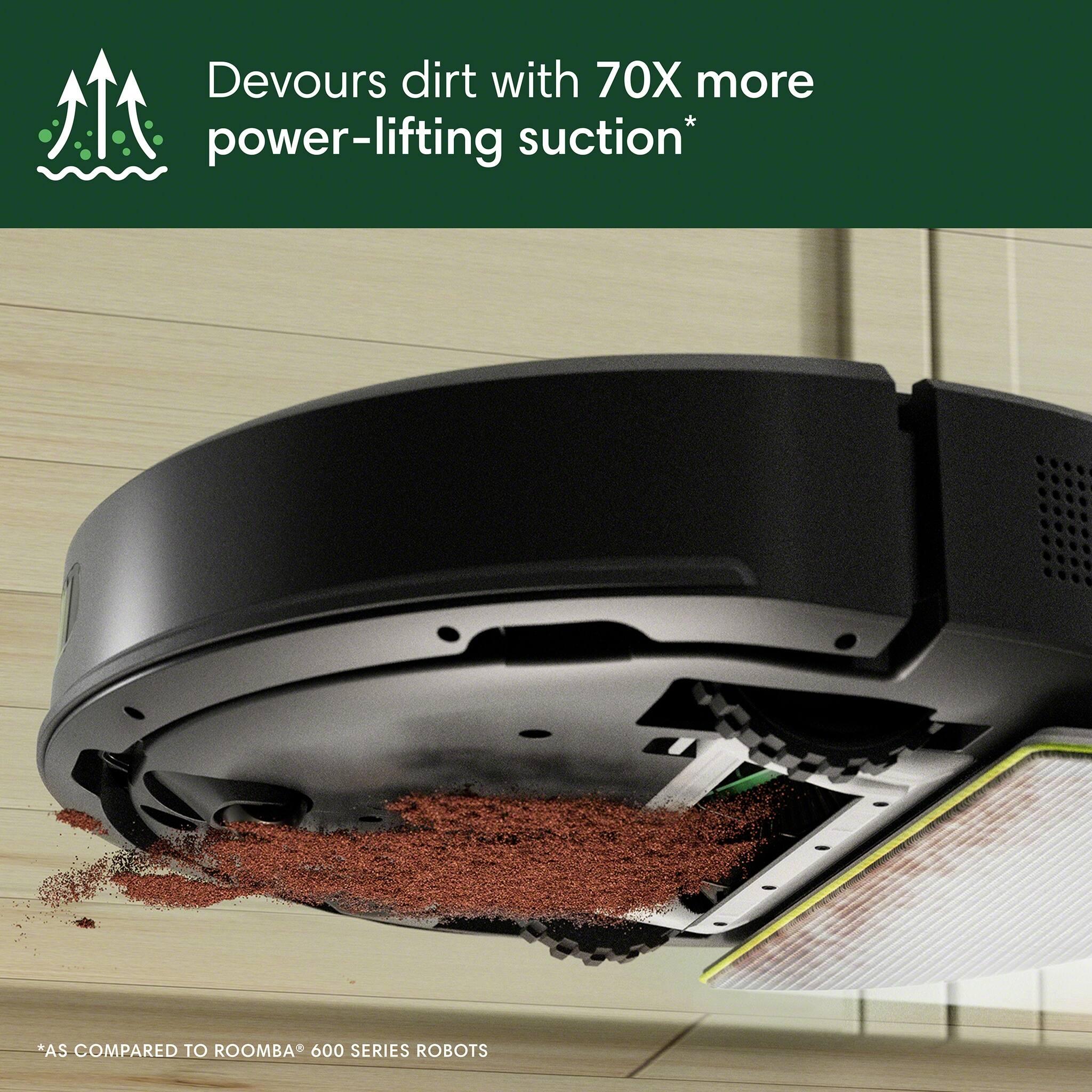 The text on the image reads: "Devours dirt with 70X more power-lifting suction* *AS COMPARED TO ROOMBA 600 SERIES ROBOTS."