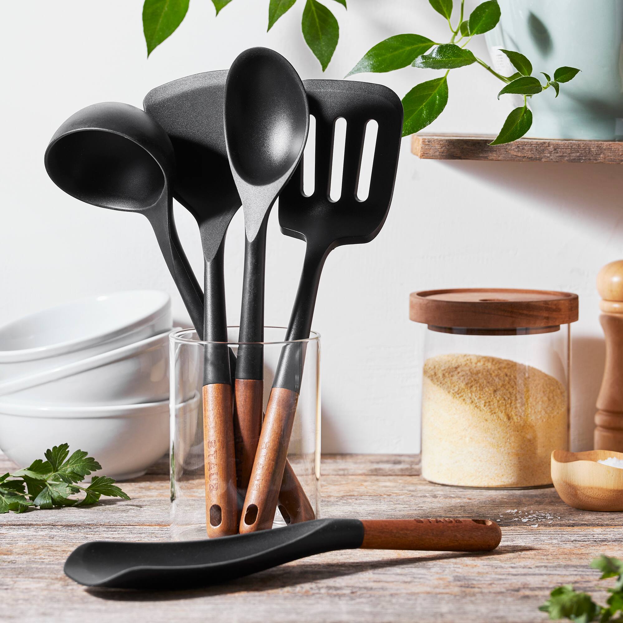 Alt View 1. Staub - Staub Silicone with Wood Handle 5-pc Cooking Utensil Set - Black.