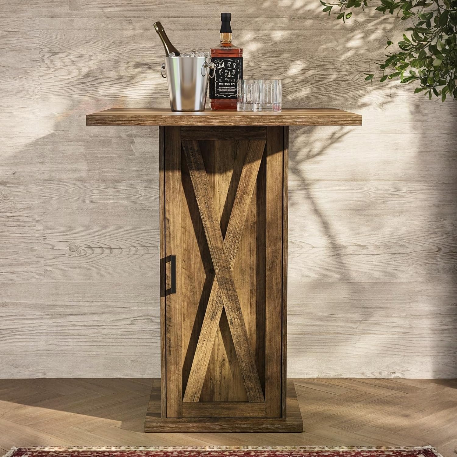 Alt View 1. Tribesigns - 31.5-Inch Square Counter-Height Bar Table with 3-Tier Storage Cabinet and X-Pattern Doors - Rustic Brown.