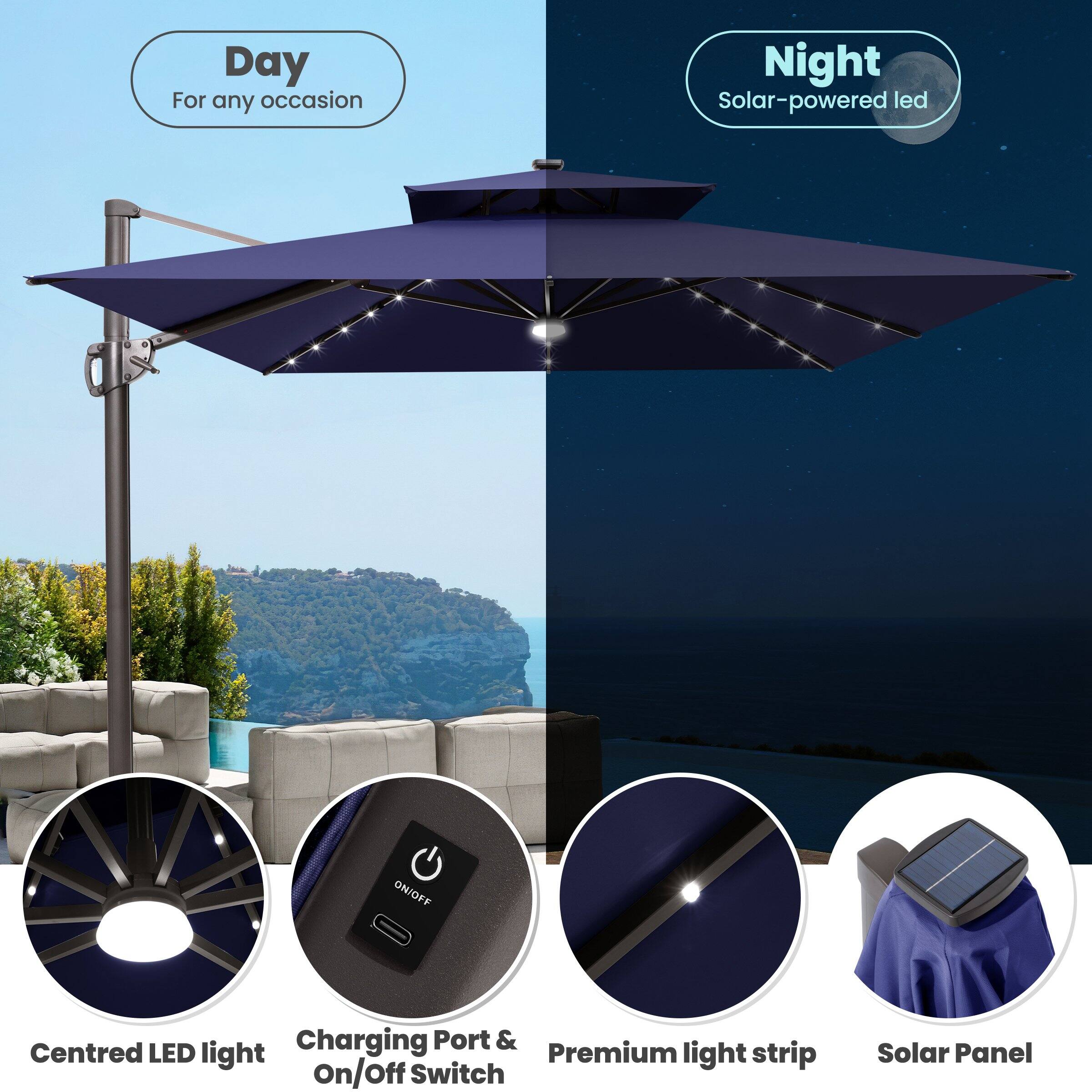- Day: For any occasion
- Night: Solar-powered LED
- Centred LED light
- Charging Port & On/Off Switch
- Premium light strip
- Solar Panel