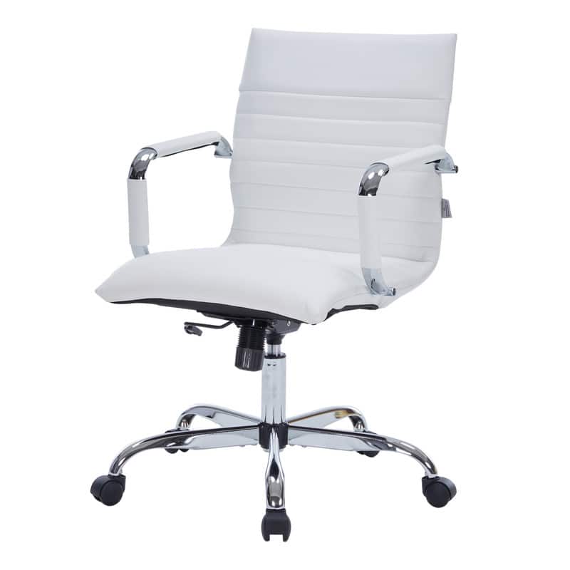 LeisureMod - Harris Mid-Back Leather Office Chair Adjustable Height Tilt Computer Task Chair with 360-Degree Swivel - White