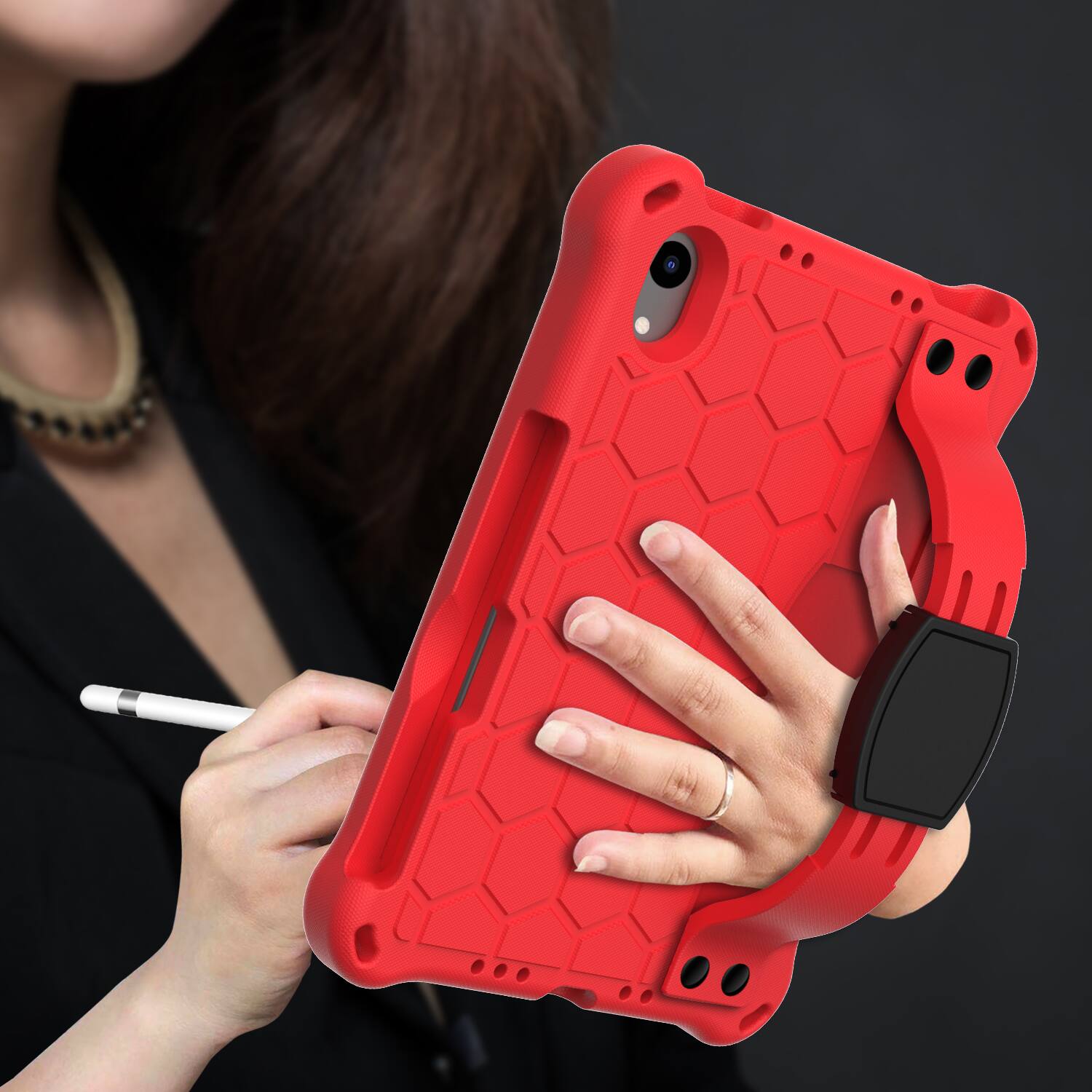 Back. UUCOVER - Kids Case for iPad mini A17 Pro 2024/iPad mini 6th Gen 8.3-inch 2021 Shockproof EVA+TPU Stand Cover with Shoulder Strap - Red.