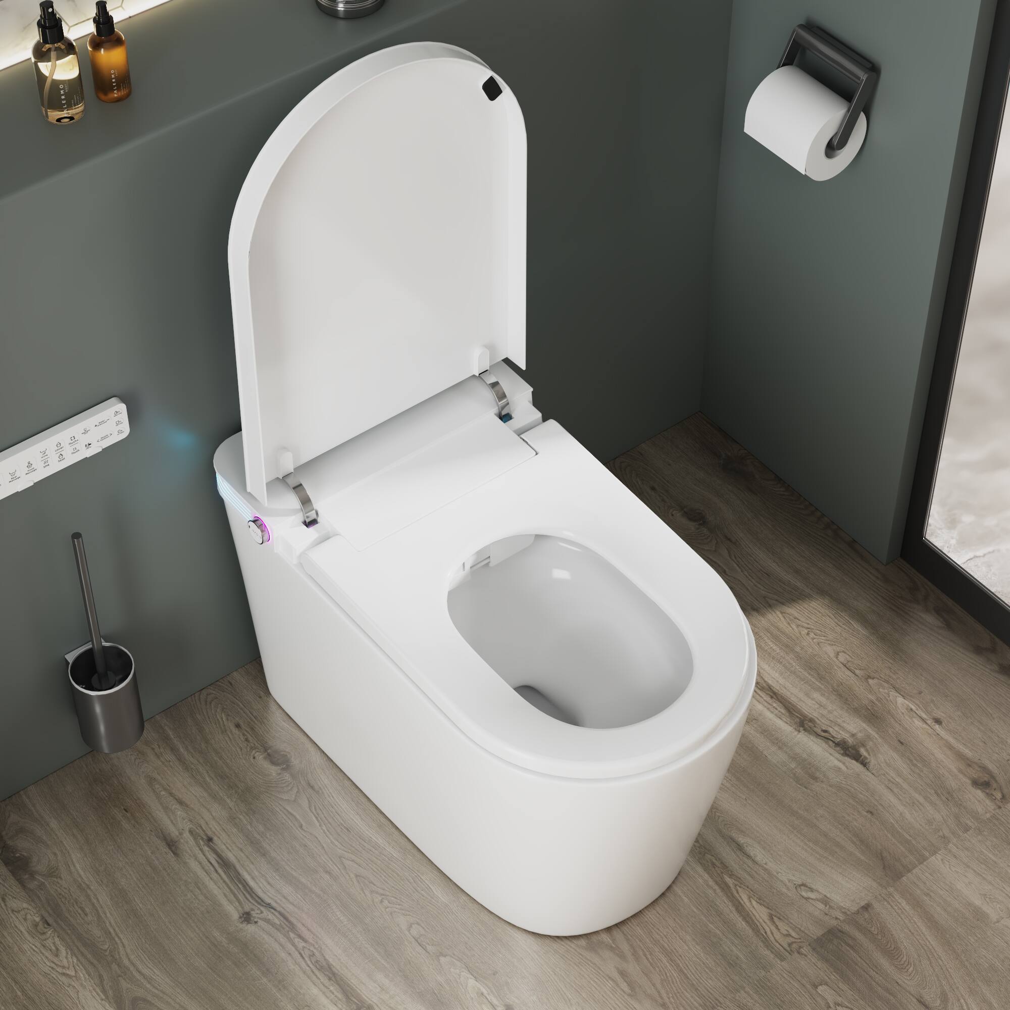 Left. Famapy - Touchless Smart Toilet with Auto Lid & Auto Flush, Adjustable Bidet Wash, Heated Seat, Warm-Air Dryer, Emergency Flush - White.