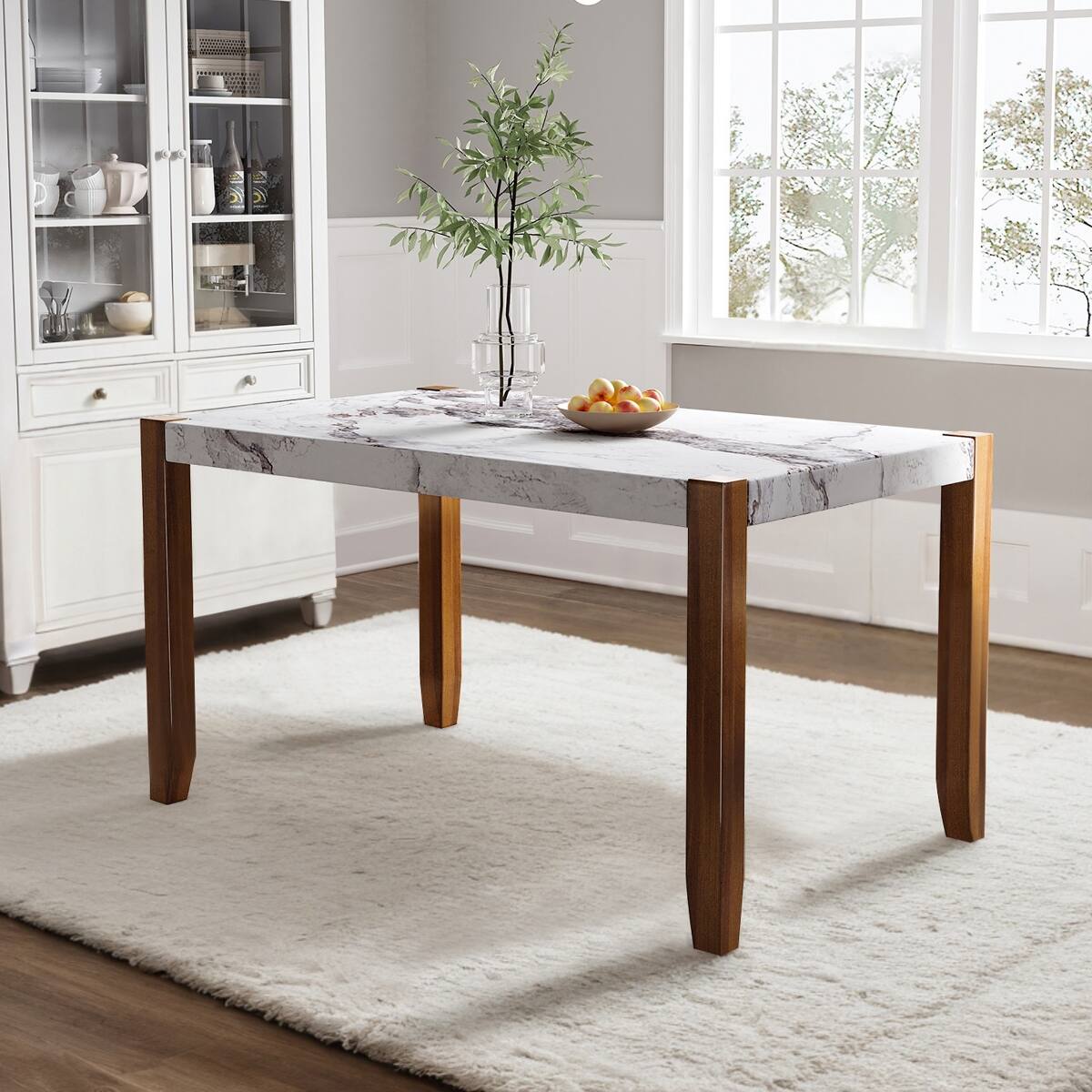 Front. Loheer - Loheer Modern Faux Marble Dining Table, 46.5 Inch Rectangular White Table for Four - White.