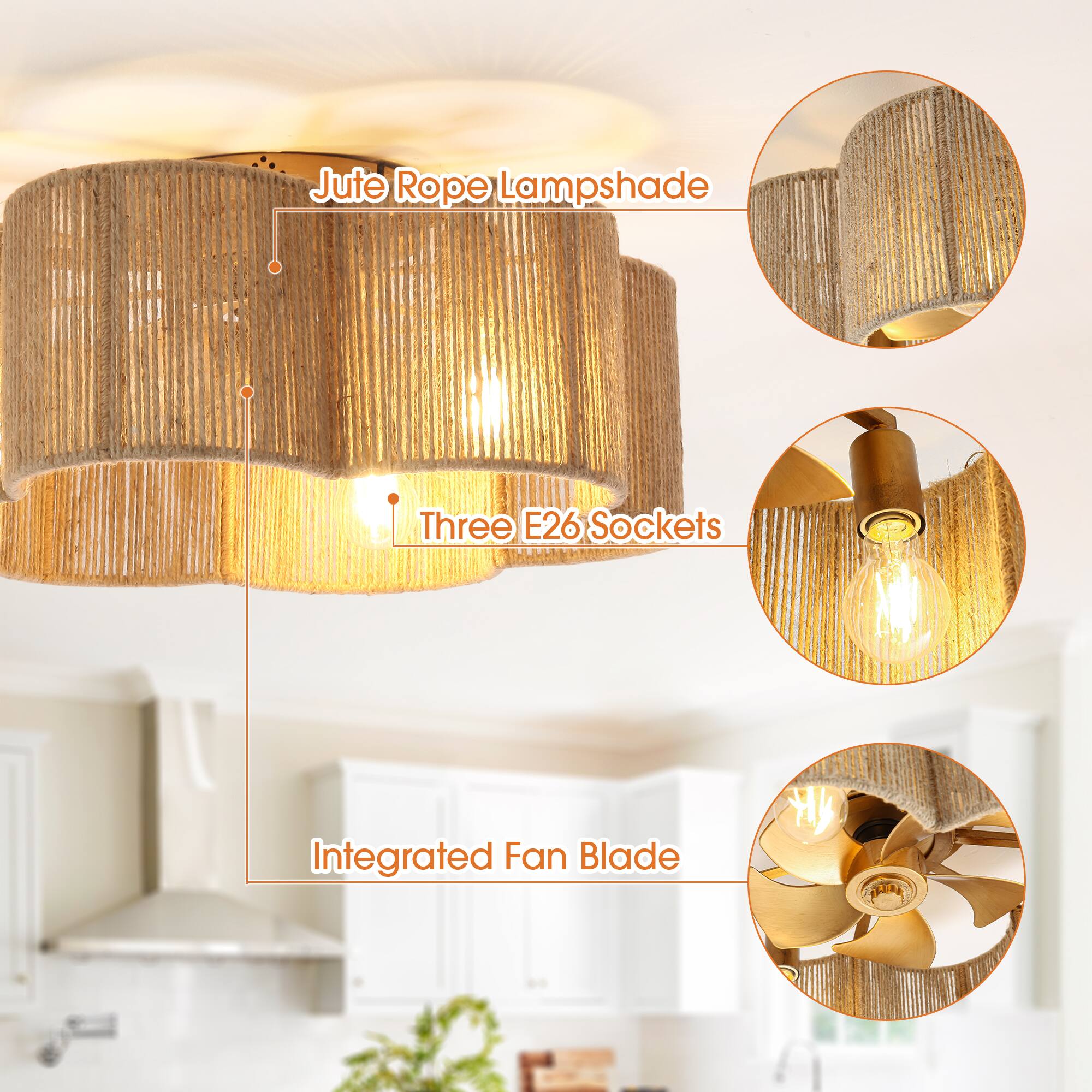 Jute Rope Lampshade  
Three E26 Sockets  
Integrated Fan Blade