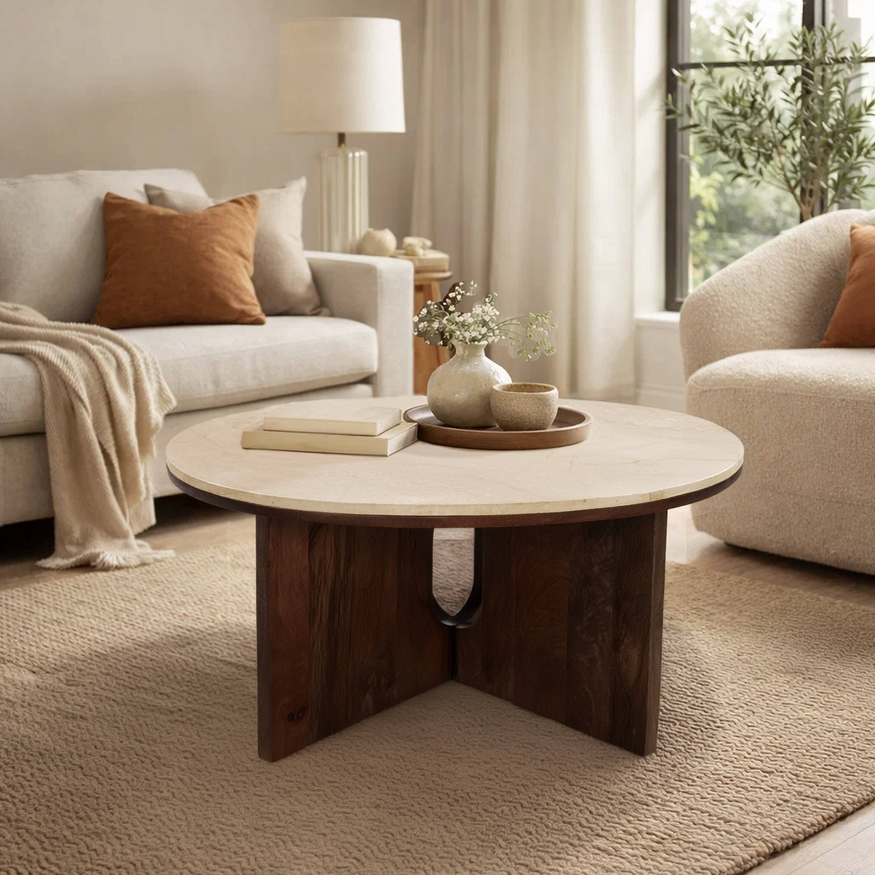 Alt View 7. Manhattan Lane - Kara Coffee Table, 29 Inch Round Botticino Marble Top, Brown Mango Wood 3 Panel Tripod Base - Natural Brown, Beige.