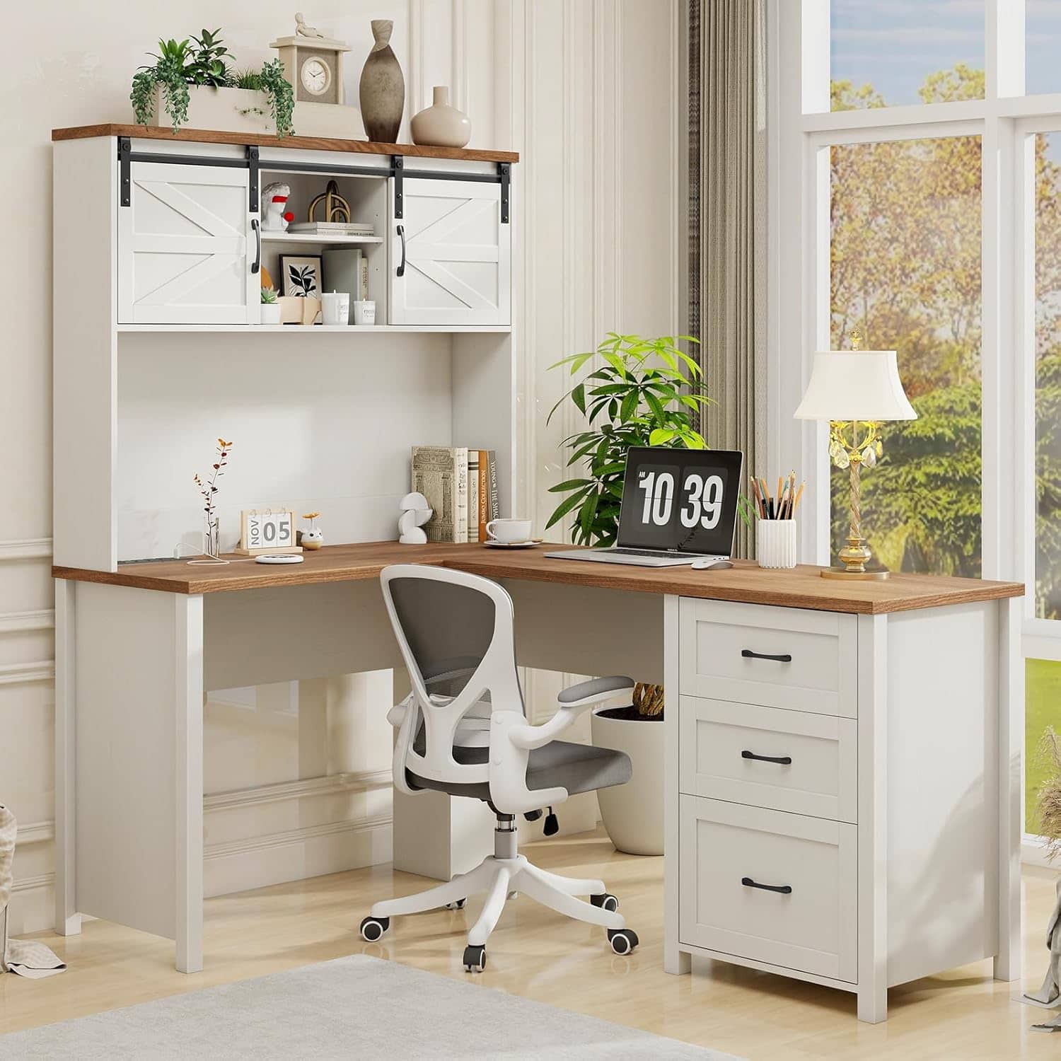 Zell Electronics - 68-Inch White Farmhouse L-Shaped Desk with Hutch, Drawers, File Storage & Built-in Charging Port - Unique White