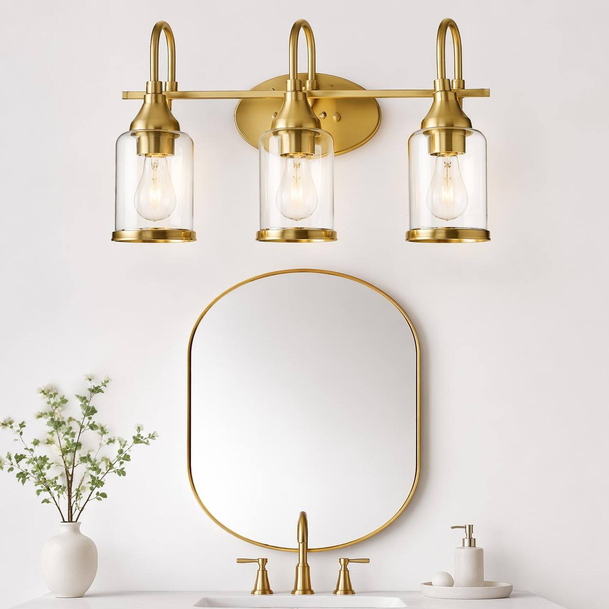 Back. RYHNUYNE - Twilight 22-Inch Brushed Gold 3-Light Vanity Bar with Clear Glass Shades for Bathroom, Bedroom, Foyer, Hall, Kitchen.