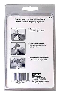 66010 Flexible magnetic tape with adhesive  
Bande adhésive magnétique flexible  

1. Cut to length  
Coupez à la longueur désirée  

2. Peel off adhesive liner  
Enlevez le papier qui recouvre la bande adhésive  

3. Apply to light weight objects  
Appliquez sur des projets légers  

Adanta, GA 30124 USA  
Questions? Comments?  
Call Toll Free 1.800.247.5547  
www.baumgartens.com  

MADE IN USA