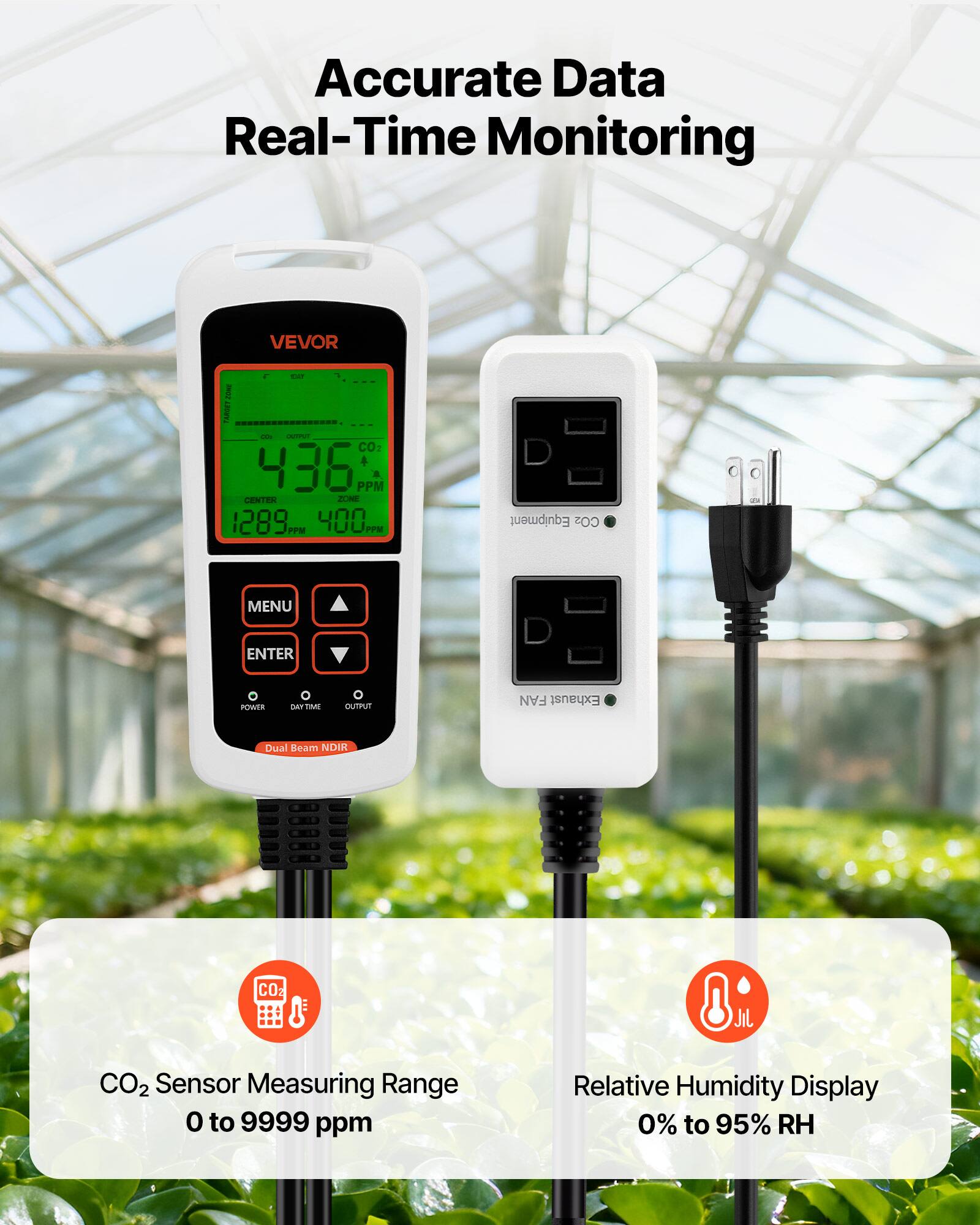 Accurate Data Real-Time Monitoring

VEVOR

CO2 Sensor Measuring Range 0 to 9999 ppm

Relative Humidity Display 0% to 95% RH

Dual Beam NDIR

Exhaust Fan

Total Output

Power

Menu

Enter

CO2

Dual Beam NDIR

Exhaust Fan

Total Output

Power

Menu

Enter