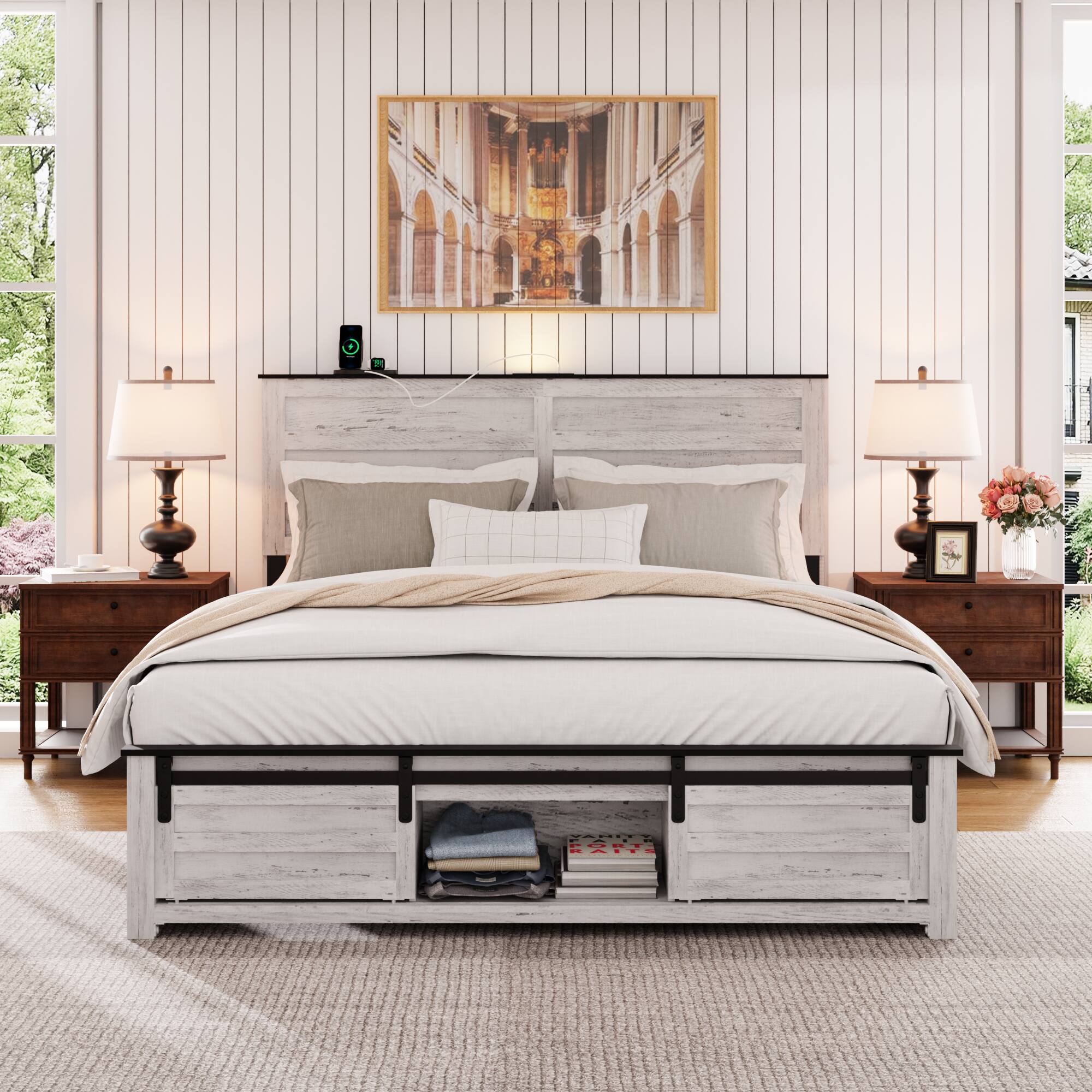 Front. LUCKY ONE - Queen Size Bed Frame with Upholstered Headboard and Pet Bed - Antique White.