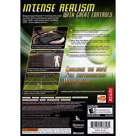 Sure, here is the corrected and grouped text from the image:

---

**INTENSE REALISM**

Smash Court Tennis 3 brings the most realistic tennis simulation game to the Xbox 360 with online play via Xbox LIVE online game service.

**WITH GREAT CONTROLS**

- **Life-Terms Favorite players**
- **Tour Courts**
- **More Than Just Pha** (likely "Pha" is a typo, possibly "Pha" should be "Pha" or "Pha" is part of a larger word or name)
- **Challenge your friends** (likely "friends" is part of a larger phrase or sentence)
- **Select players** (likely "players" is part of a larger phrase or sentence)
- **Inc of vie** (likely "Inc of vie" is part of a larger phrase or sentence)
- **CHALLENGE THE BEST!**
- **Full CUSTOMIZATION**
- **ONLINE ACTION**

**www.atari.com/smashcourttennis3**

**ATARI**

**E** (ESRB rating)

**www.esrb.org** for rating information

**20016** (likely "20016" is part of a larger phrase or sentence)

**VR