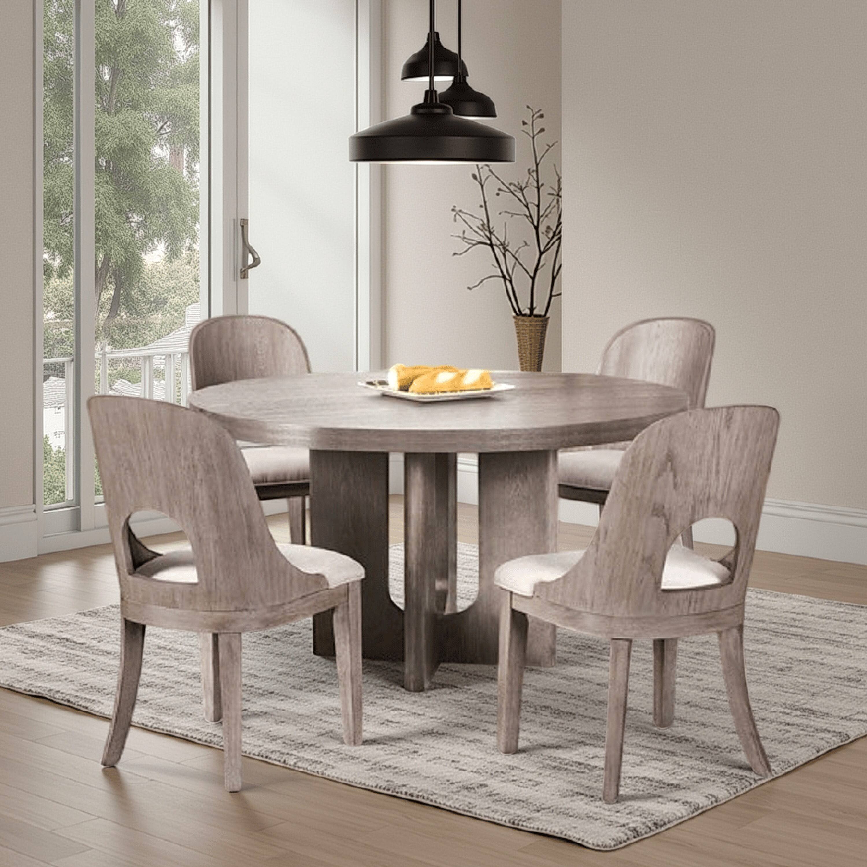 Alt View 5. Manhattan Lane - Zoko 5pc Round Dining Table Set, Polyester Chairs, White, Solid Wood - White Wash Oak, White.