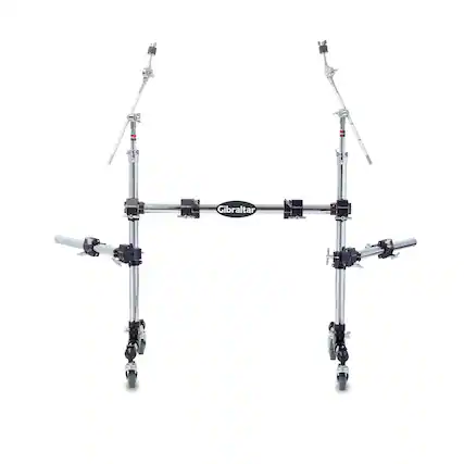 Front. Gibraltar Hardware - Roll-Away Drum Rack, Portable Road Series Rack System with Wheels, Boom Arms, Multi Clamps & Memory Locks.
