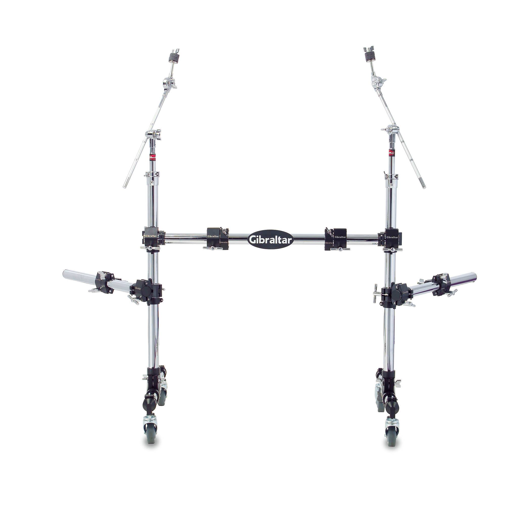 Front. Gibraltar Hardware - Roll-Away Drum Rack, Portable Road Series Rack System with Wheels, Boom Arms, Multi Clamps & Memory Locks.