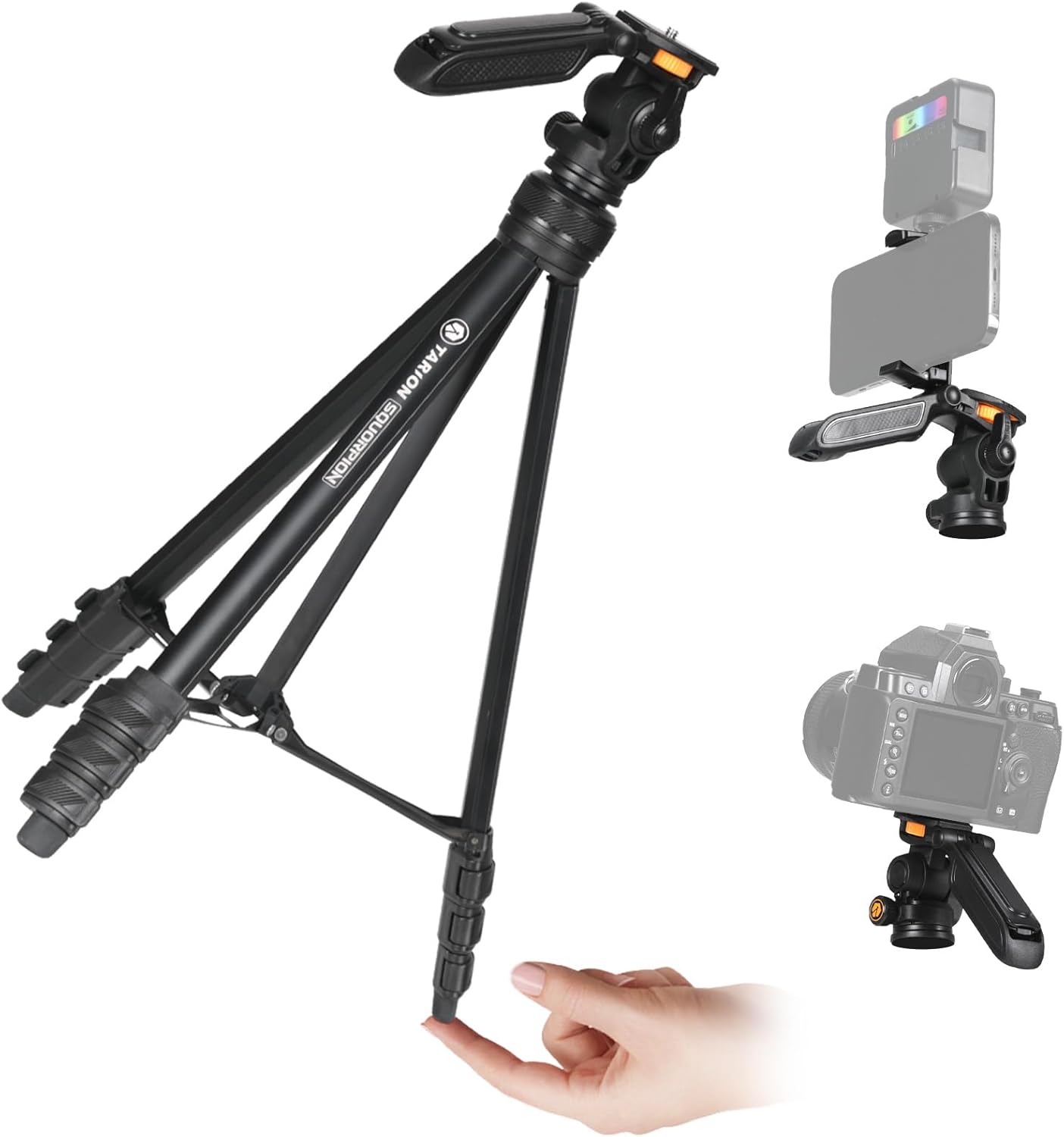 TARION - Travel Tripod 55" – Lightweight Aluminum Camera & Phone Tripod with Pan-Tilt Head and Hidden Holder Squorpion