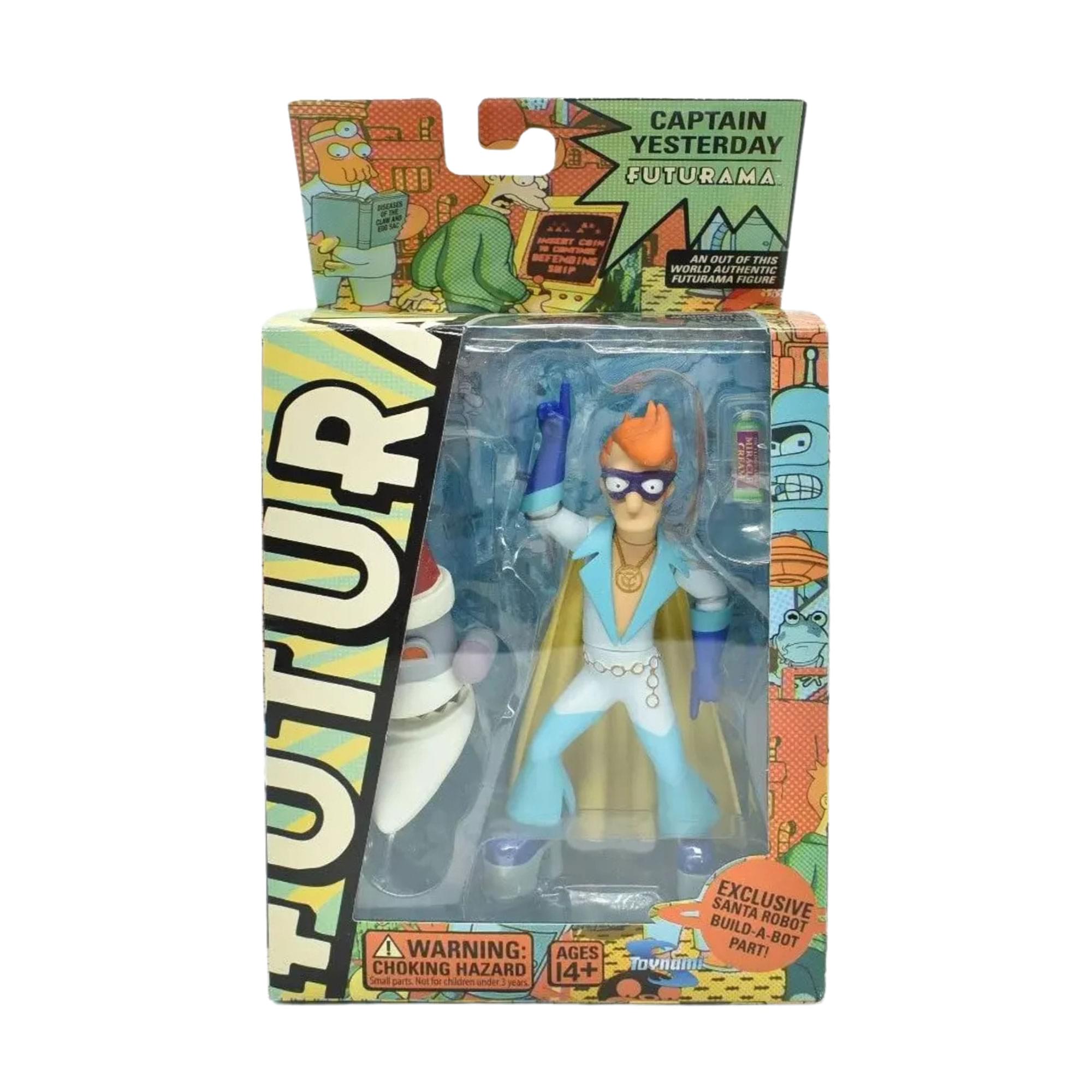 CAPTAIN YESTERDAY FUTURAMA  
SER COIN AN OUT OF THIS WORLD AUTHENTIC FUTURAMA FIGURE  
WARNING: CHOKING HAZARD - Small parts. Not for children under 3 years.  
AGES 14+  
BUILD-A-SANTA EXCLUSIVE PART!  
A ROBOT