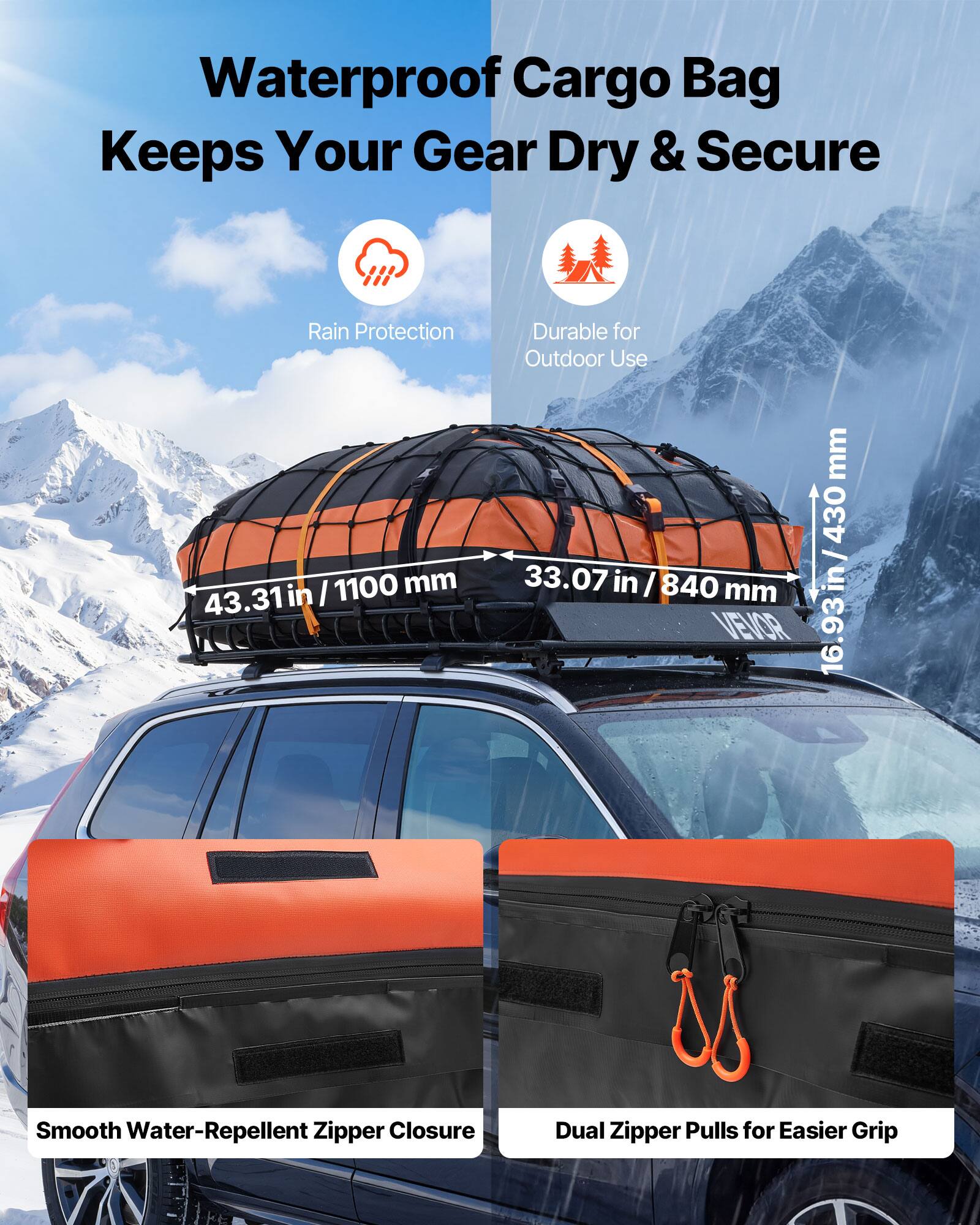 Waterproof Cargo Bag Keeps Your Gear Dry & Secure

- Rain Protection
- Durable for Outdoor Use

Dimensions:
- 43.31 in / 1100 mm
- 33.07 in / 840 mm
- 16.93 in / 430 mm

Features:
- Smooth Water-Repellent Zipper Closure
- Dual Zipper Pulls for Easier Grip