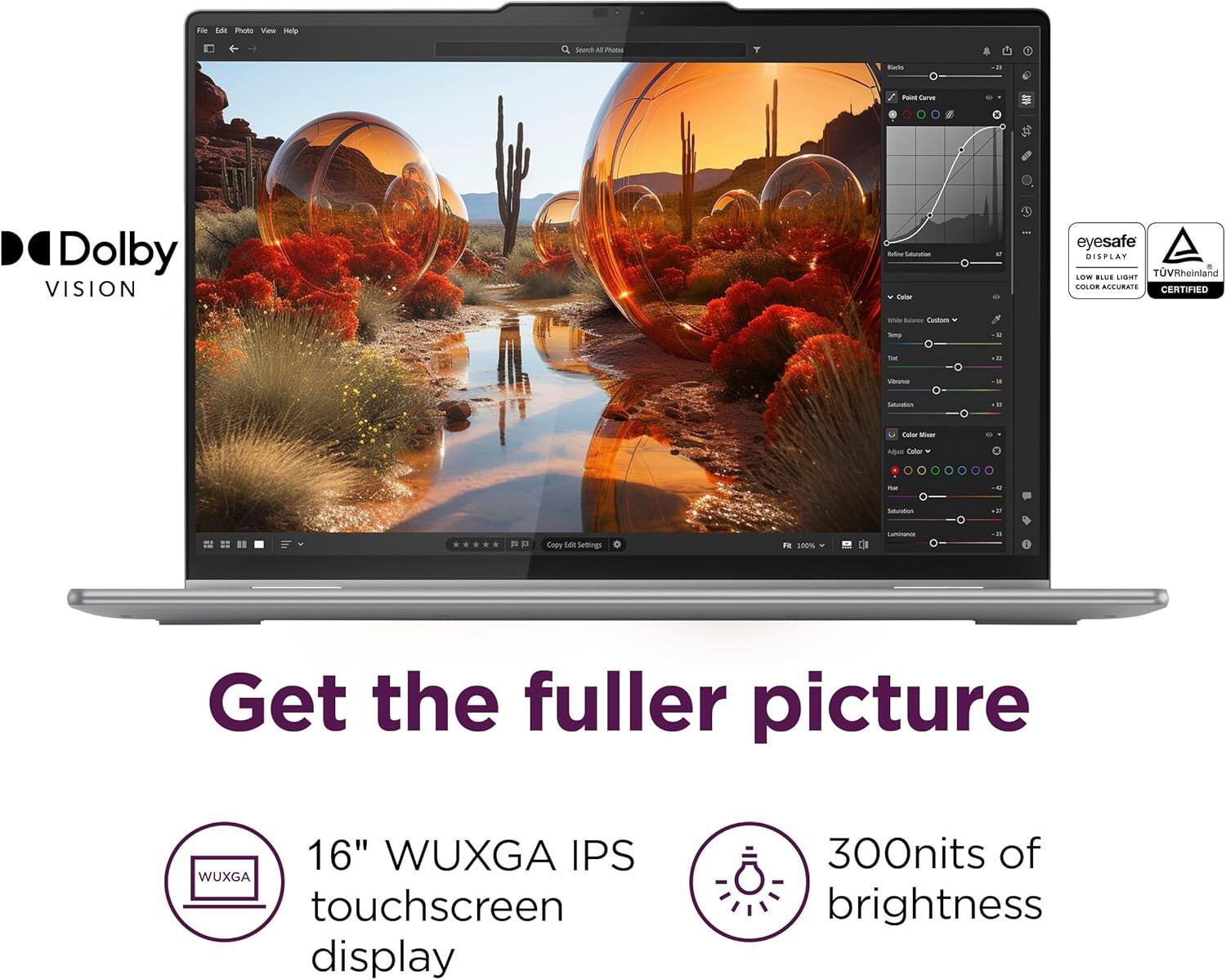F EN moo View Hp Seocn Al P - 5 T Carve D Dolby VISION F Taenton TWM eyesafe DISFLAY TVRheinland LOE BLUS NT cOLS accuATE CERTIFIED - Beucs Ceatur - - - - . Mcano 1 - - naba Muas - Cakar - Satratos n p Copy L Settings FE 500N - - Get the fuller picture 16" WUXGA IPS touchscreen display 300nits of brightness
