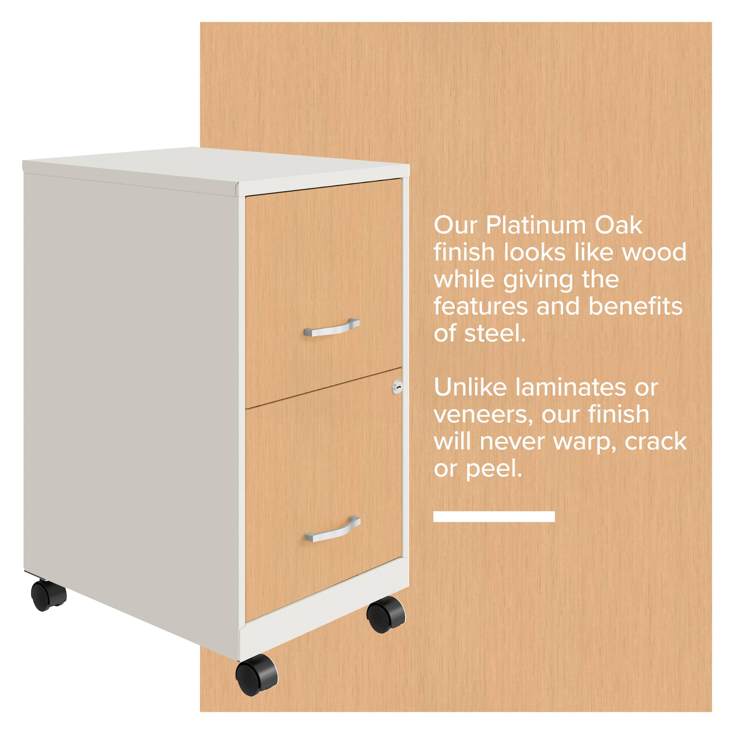 Our Platinum Oak finish looks like wood while giving the features and benefits of steel. Unlike laminates or veneers, our finish will never warp, crack or peel.