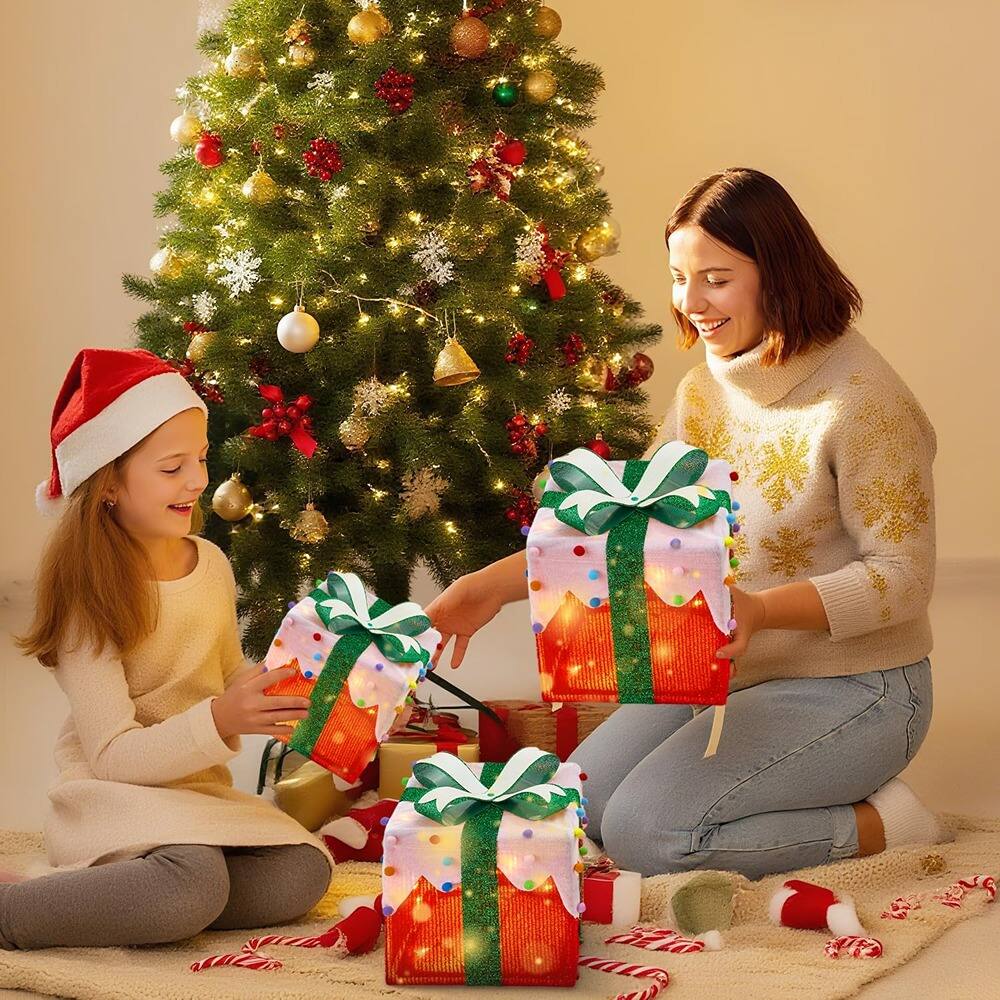 Back. RTMB - Set of 3 LED Lighted Gift Boxes w/ Green Bows & Colorful Accents - multicolor.