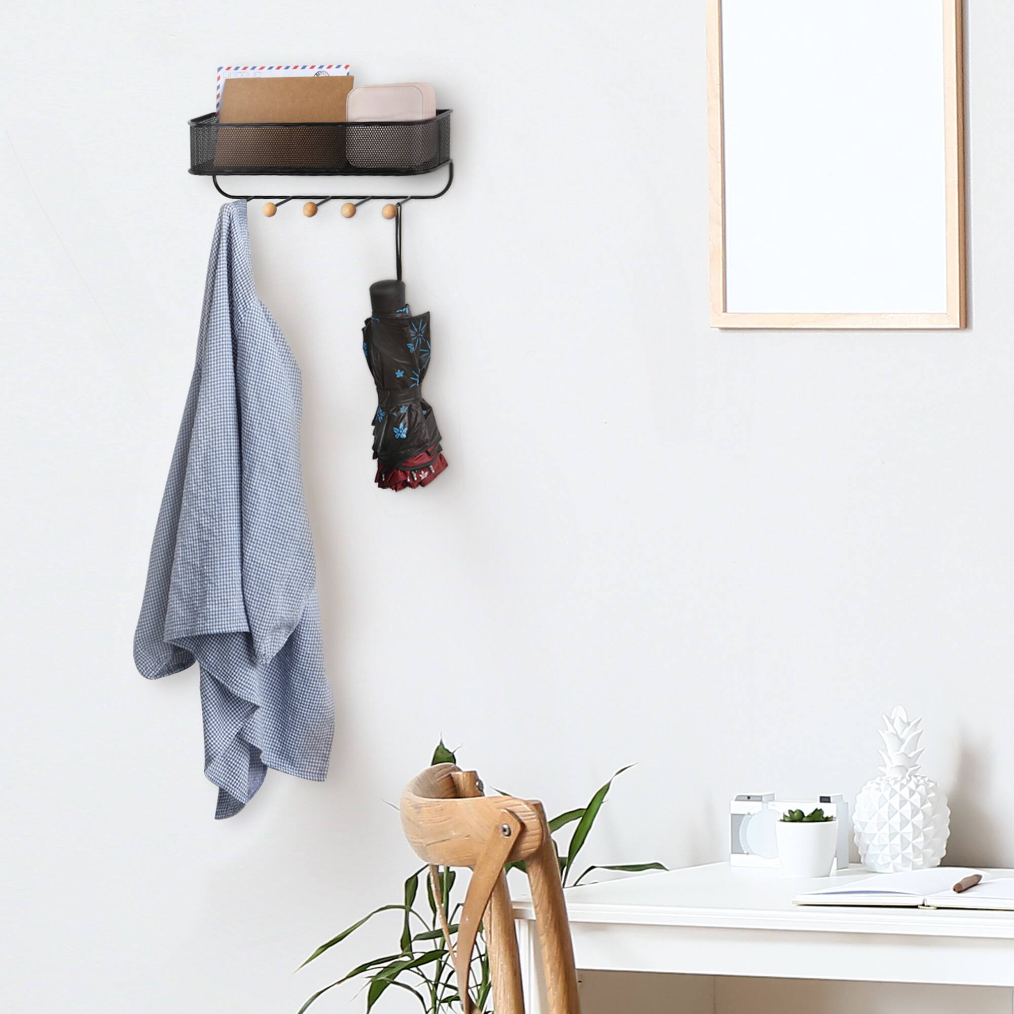 Back. Oumilen - Mesh Wall Storage Basket with Wooden Hooks, Black.