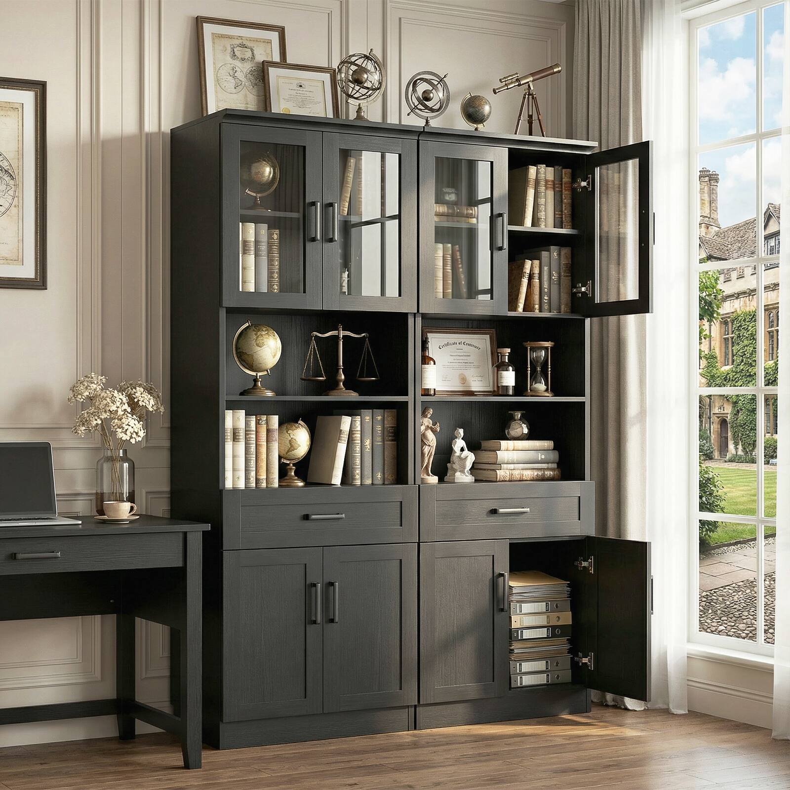 Left. Aheaplus - 79.7" Tall Pantry Cabinet Set of 2, Kitchen Hutch Cabinet with Adjustable Shelves and Drawers - Black.