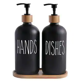 Kitcheniva - Glass Soap Dispenser Set with Bamboo Tray - For Bathroom and Kitchen, Black